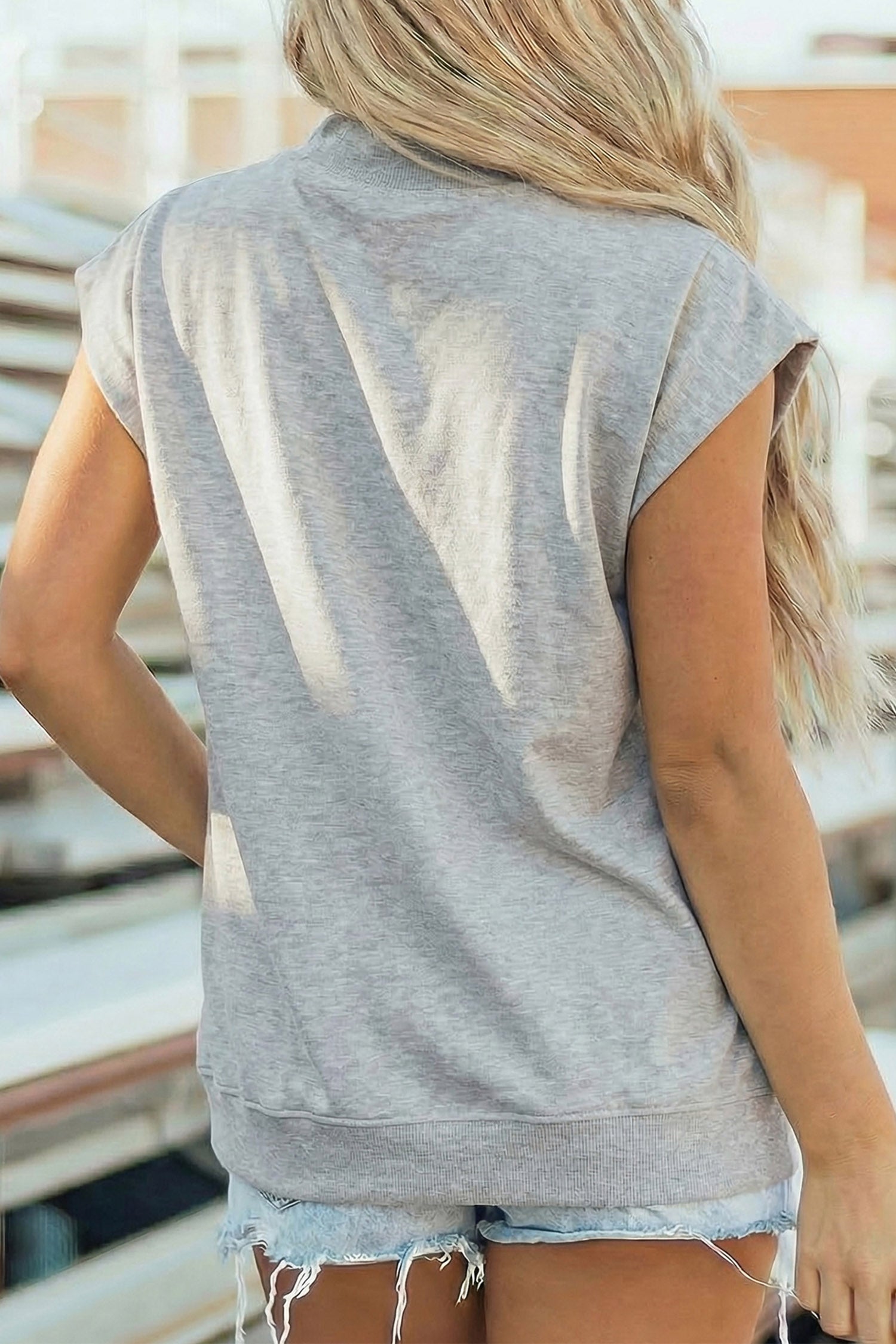 Light Grey Sequin Pumpkin Graphic High Neck Cap Sleeve Top