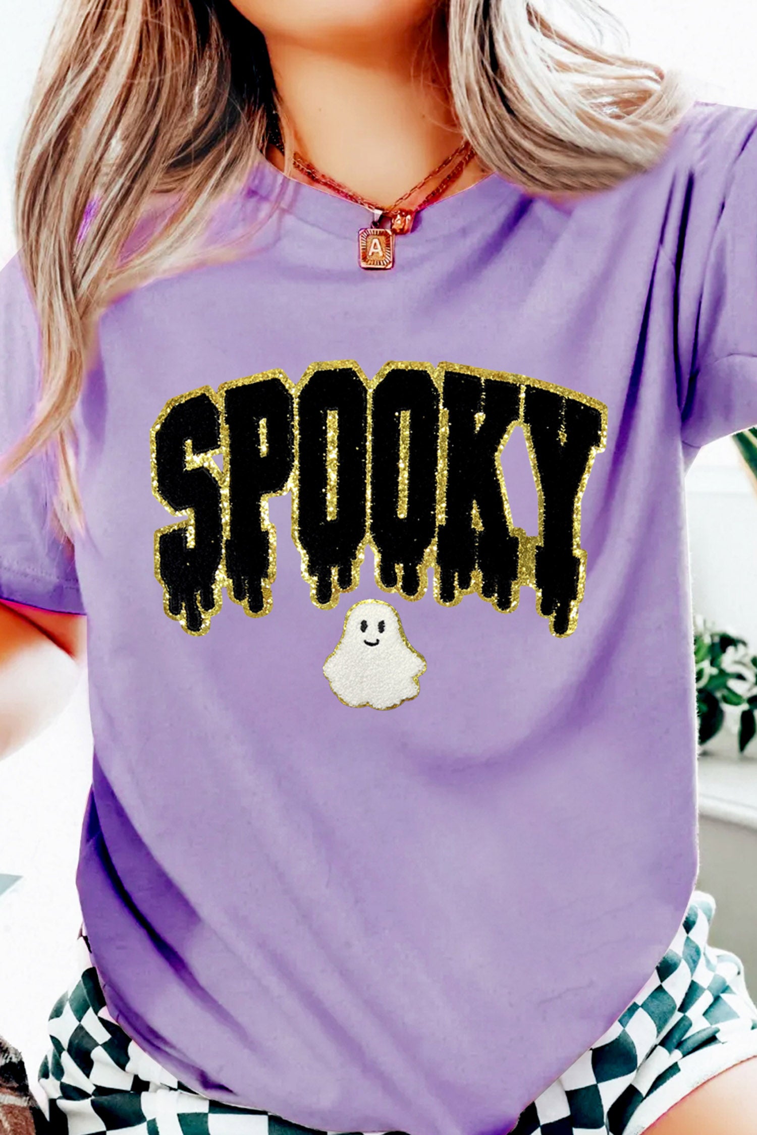 Wisteria Short Sleeve Round Neck Spooky Ghost Letter Print Casual T-Shirt