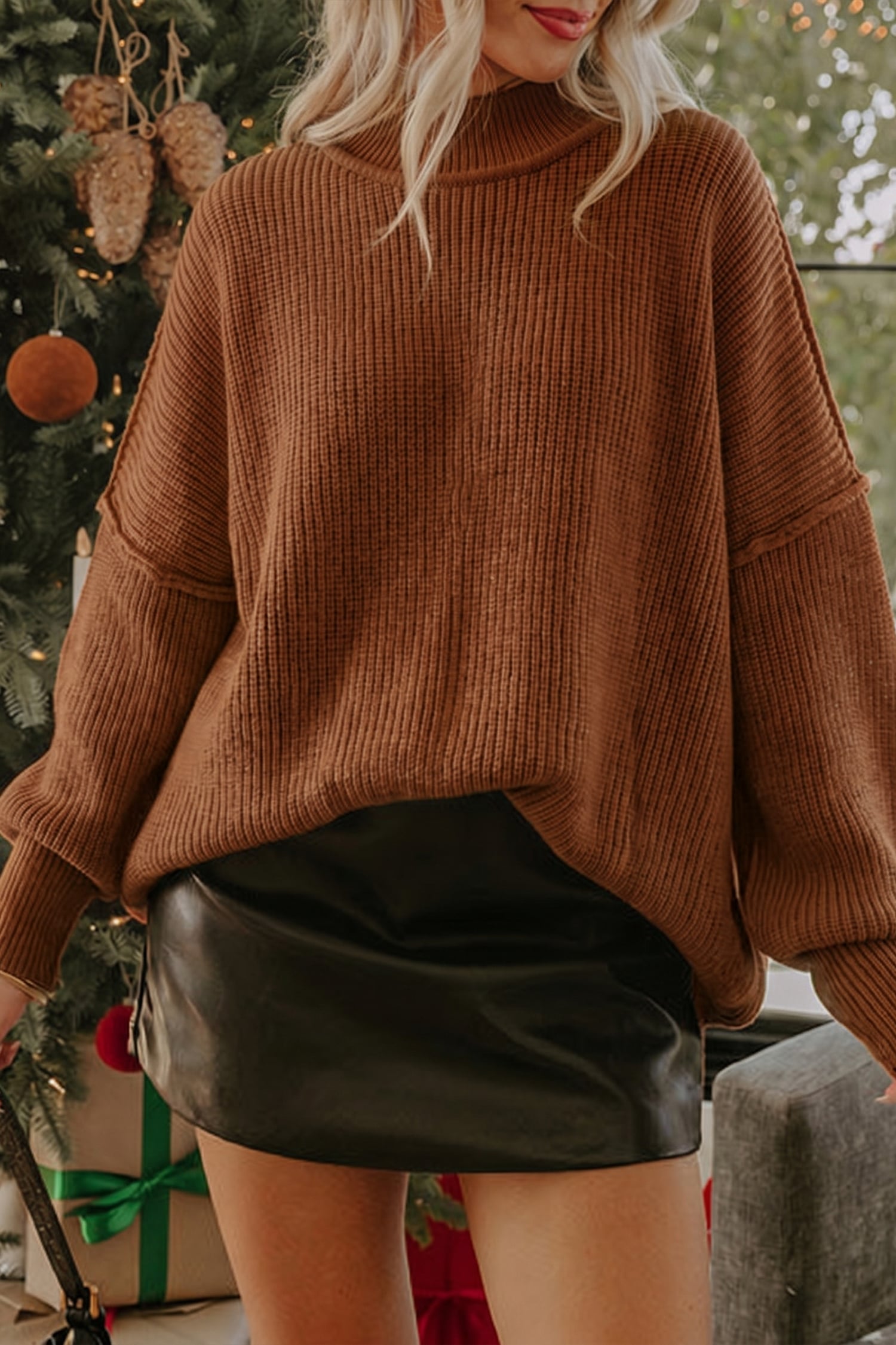 Chestnut Long Sleeve Ribbed Knit Stand Neck Regular Fit Sweater
