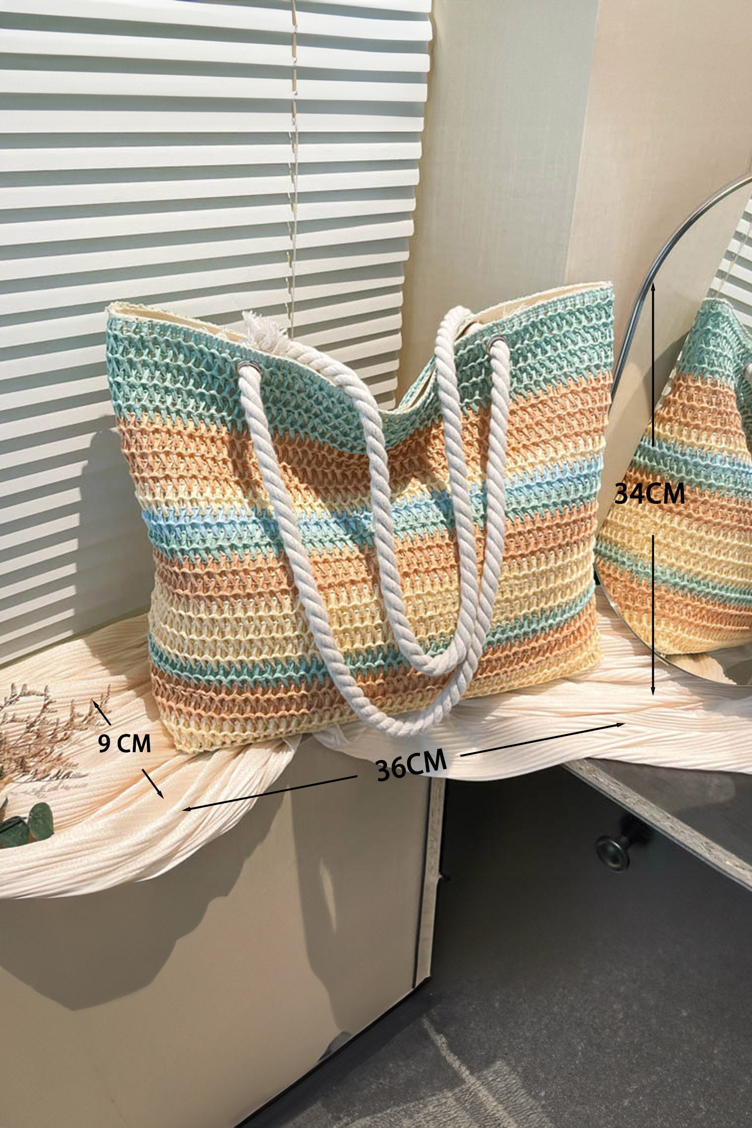 White Striped Color Block Woven Straw Tote Bag