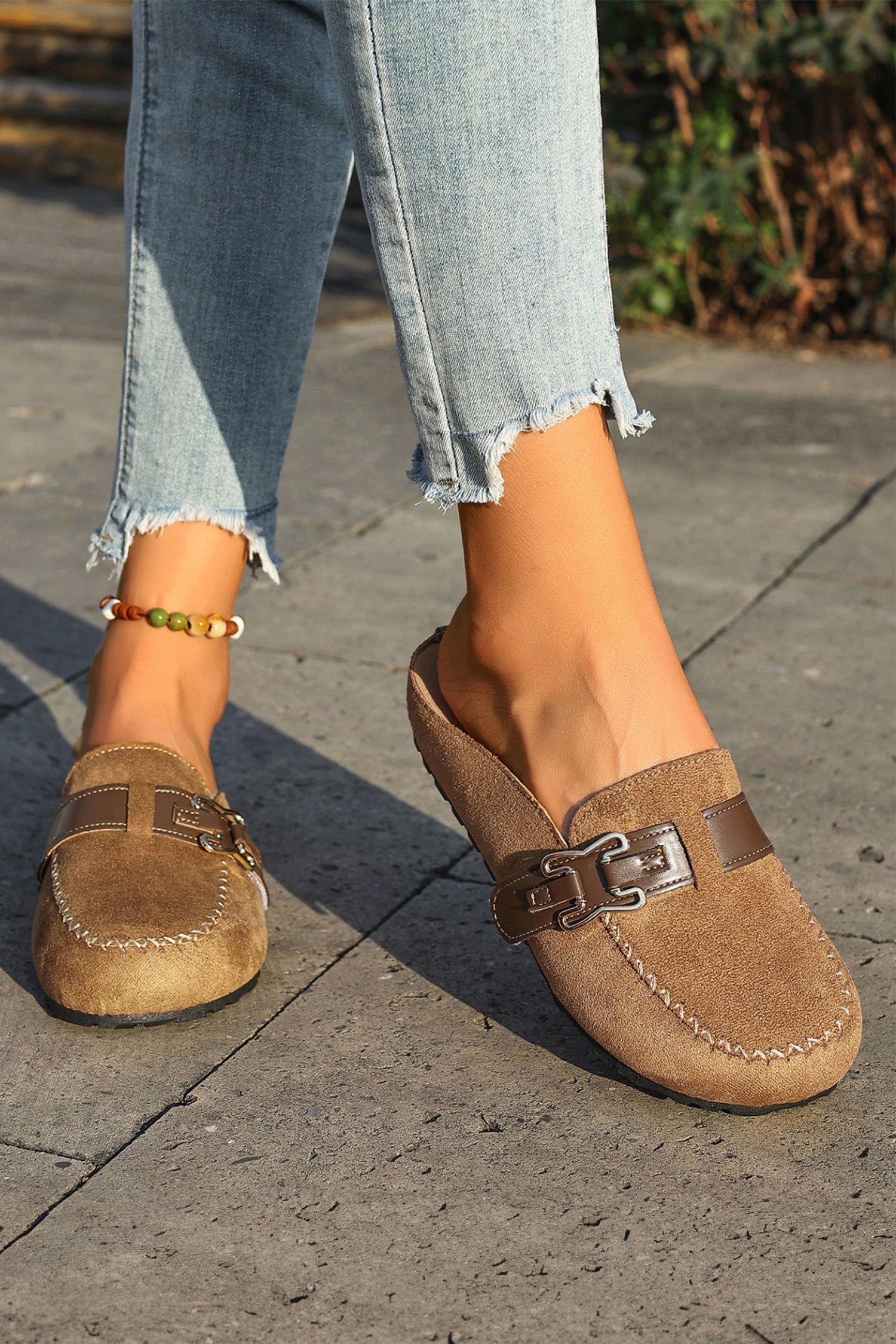 Camel Faux Suede Cute Buckle PU Leather Strap Mule Slippers