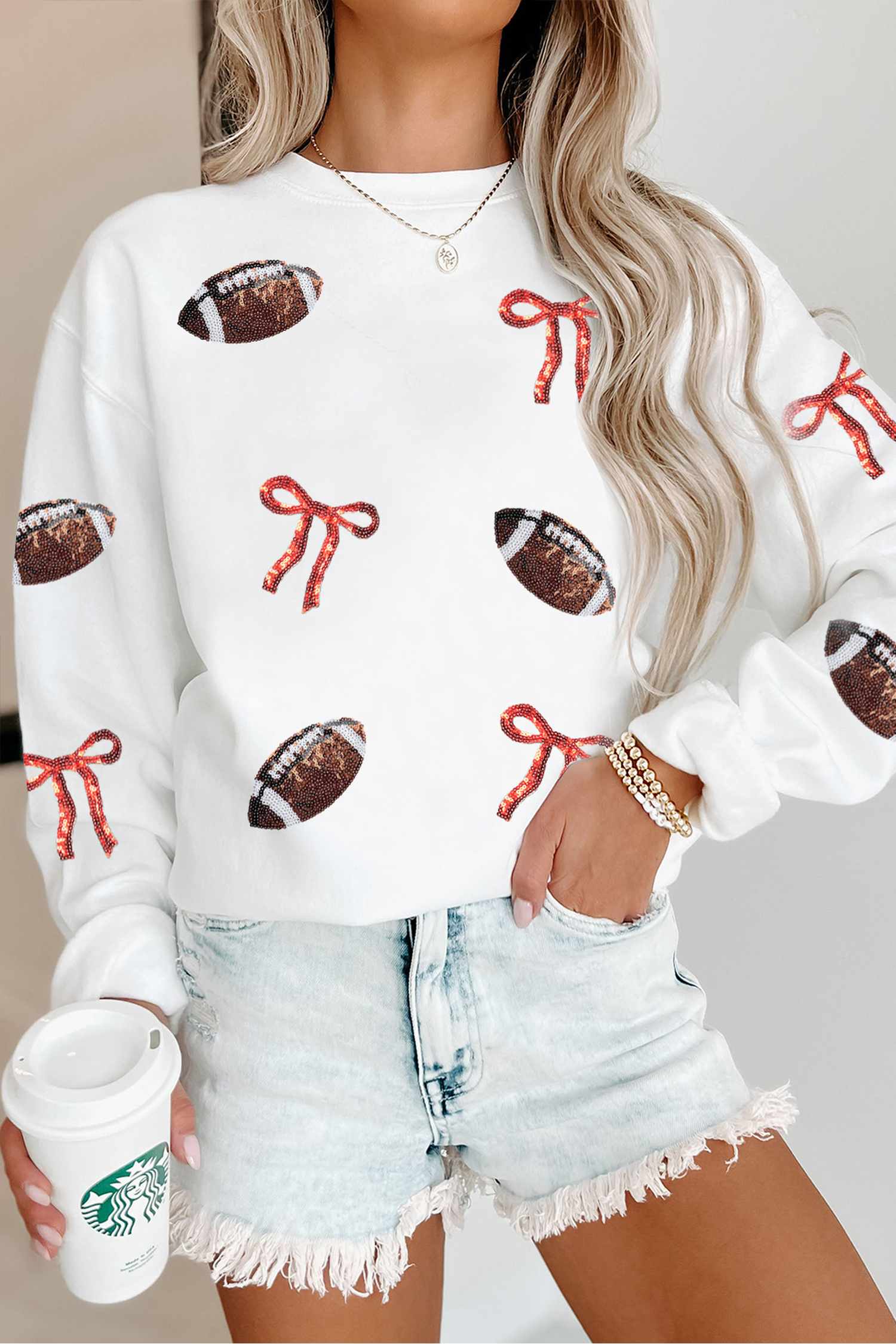 White Sequin Rugby Bow Graphic ODM Casual Pullover Sweatshirt