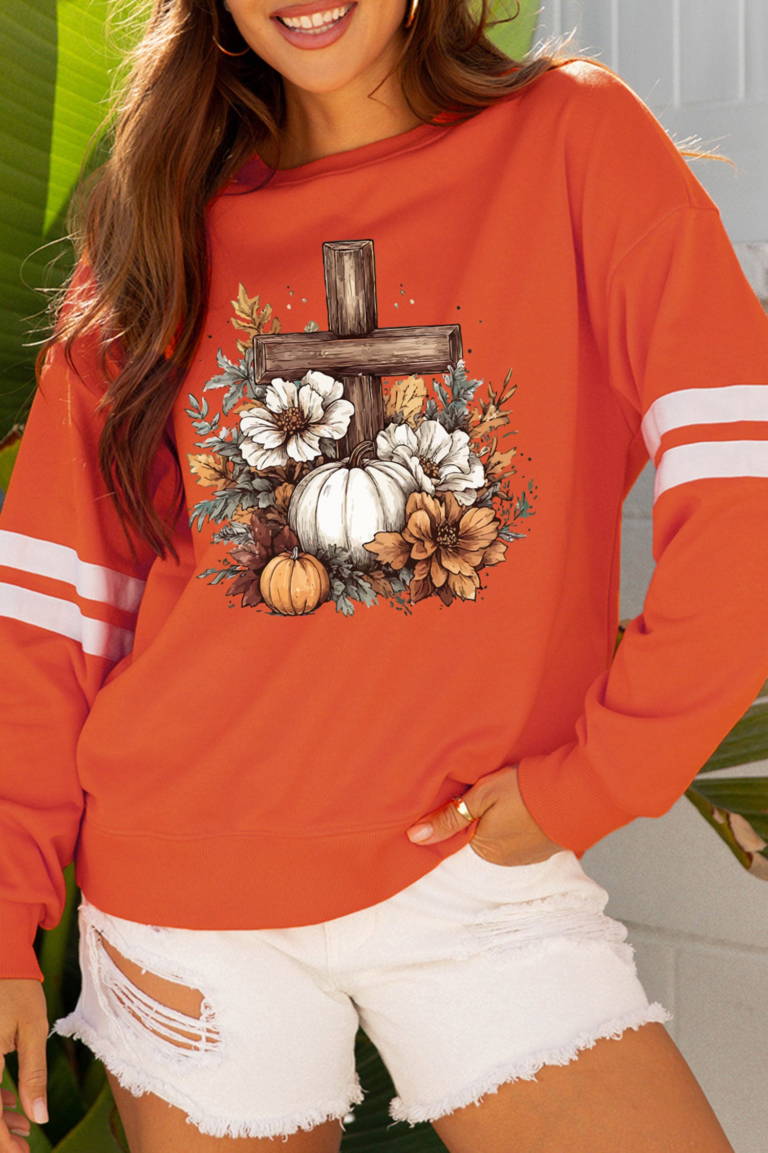 Orange Thanksgiving Floral Pumpkin Cross Print Banded Sleeve Graphic Sweatshirt