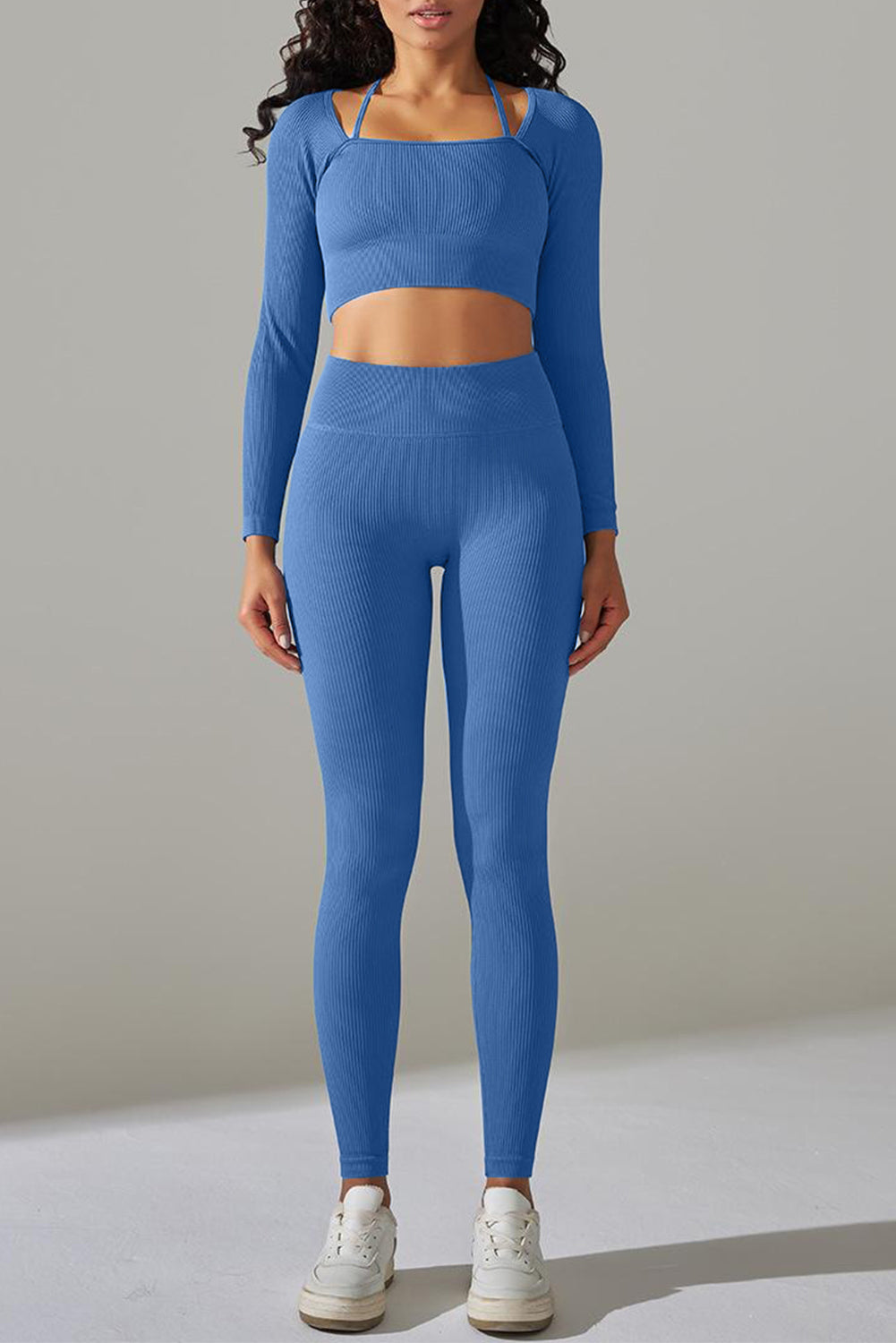 Sky Blue Ribbed Long Sleeve Strappy Square Neck 2pcs Yoga Set