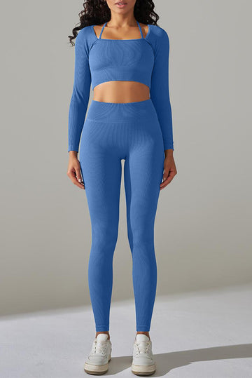 Sky Blue Ribbed Long Sleeve Strappy Square Neck 2pcs Yoga Set
