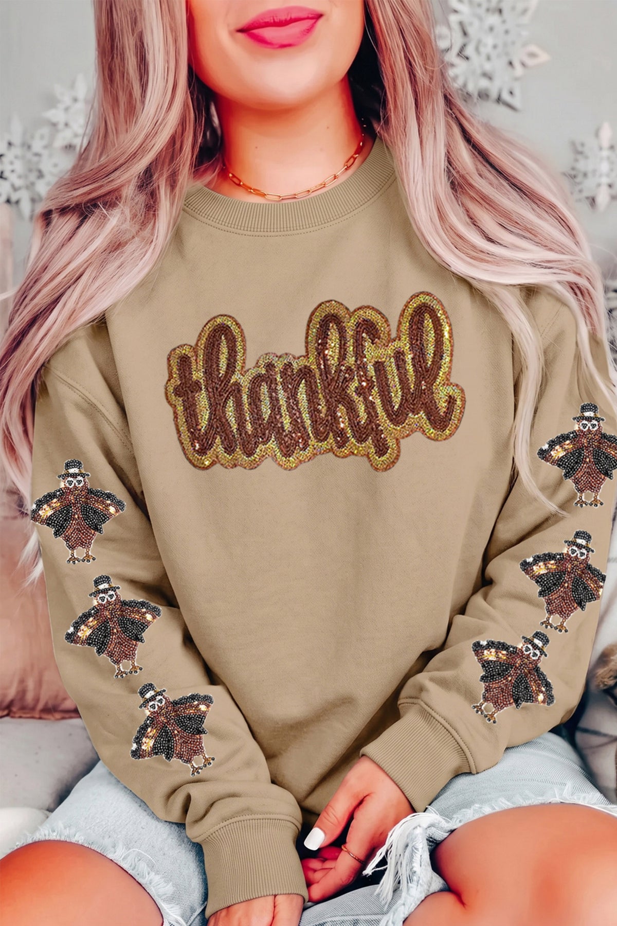 Khaki Turkey Season Thankful Graphic Sweatshirt