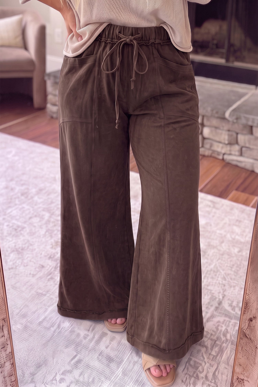 Coffee 100% Cotton Mineral Wash Wide Leg Pocket Plus Size Pants