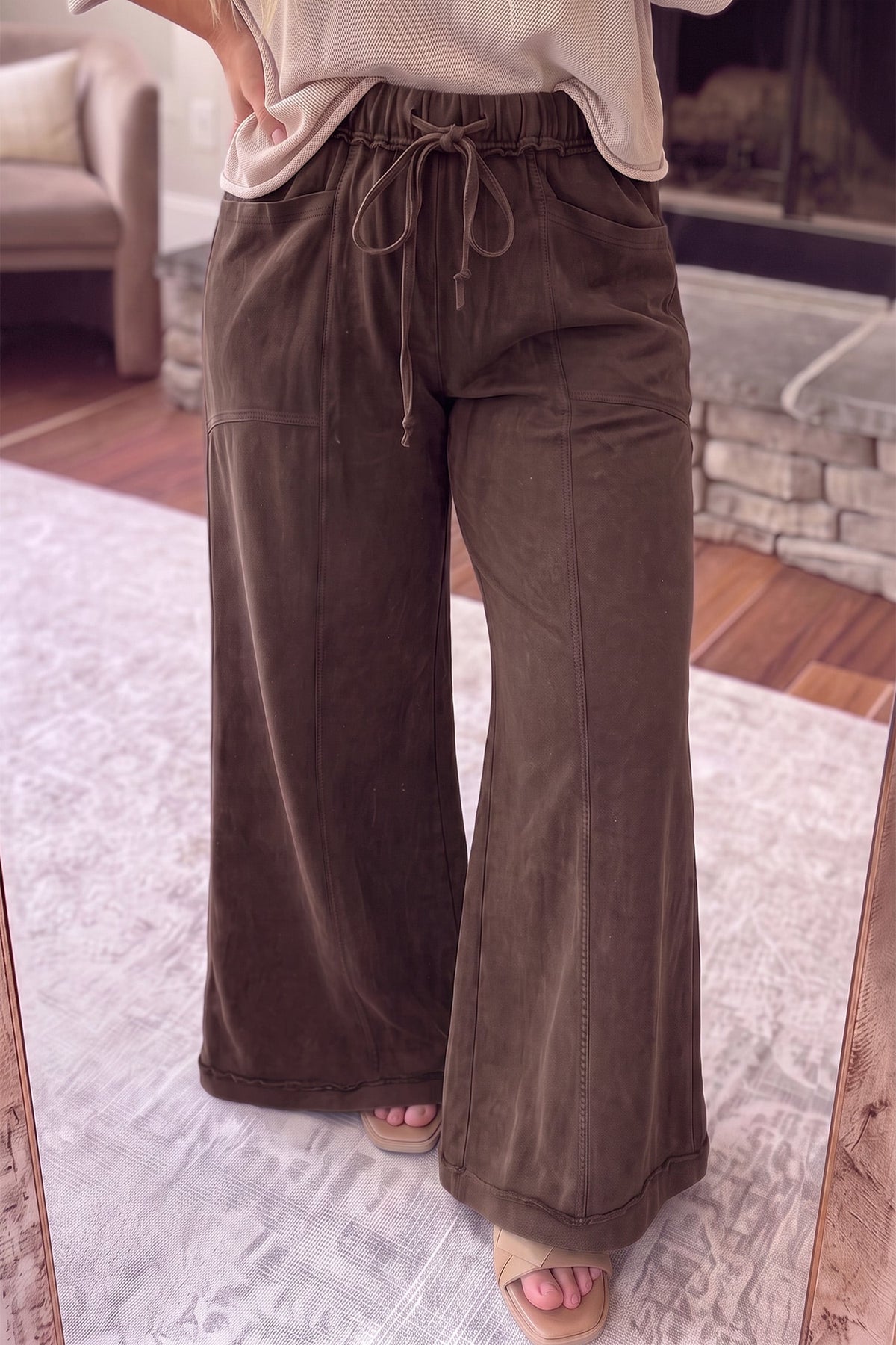 Coffee 100% Cotton Mineral Wash Wide Leg Pocket Plus Size Pants