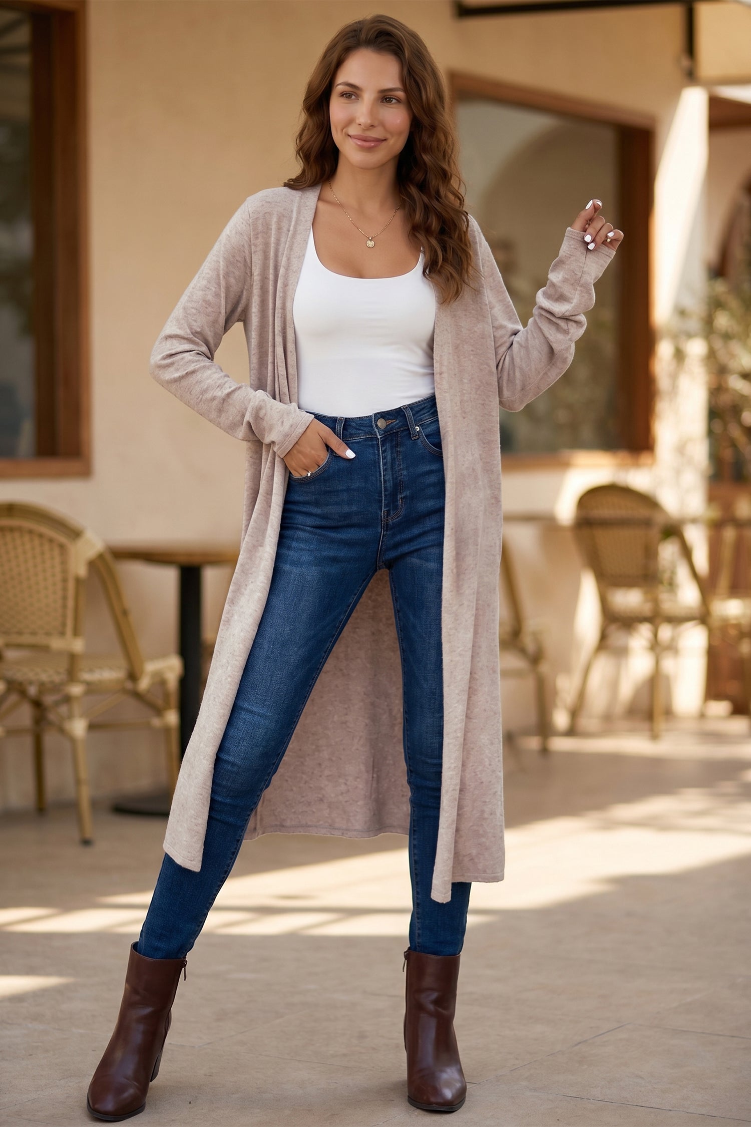 Parchment Solid Color Long Sleeve Casual Tunic Shift Cardigan