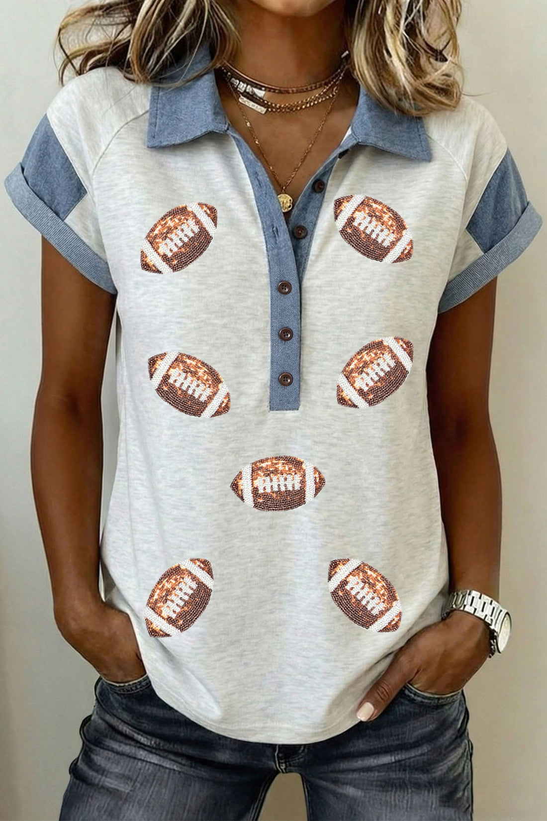 Light Grey Short Sleeve Sequin Rugby Pattern Colorblock Collar Polo T-Shirt