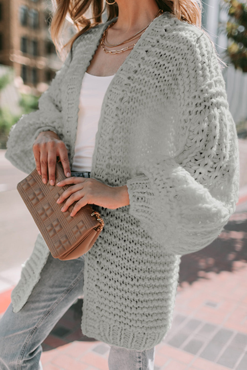 Gray Chunky Oversize Knit Drop Shoulder Puff Sleeve Cardigan