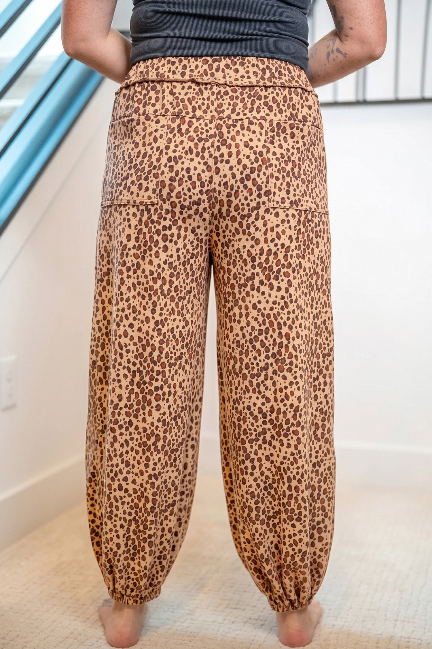 Khaki Leopard Print Drawstring Waist Patch Pockets Pants