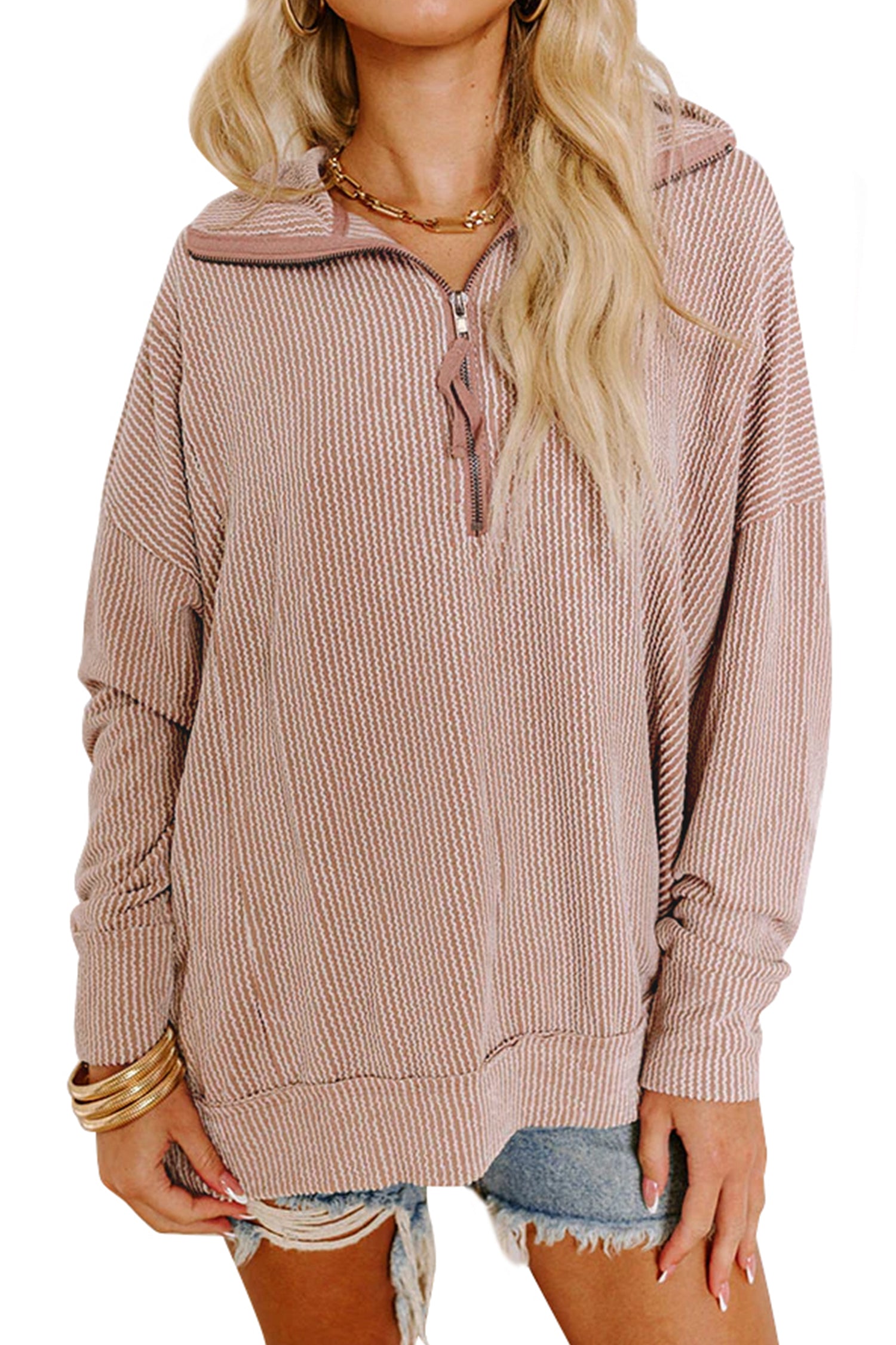 Oatmeal Twist Ribbed Zipper Collar Drop Shoulder Long Sleeve Top