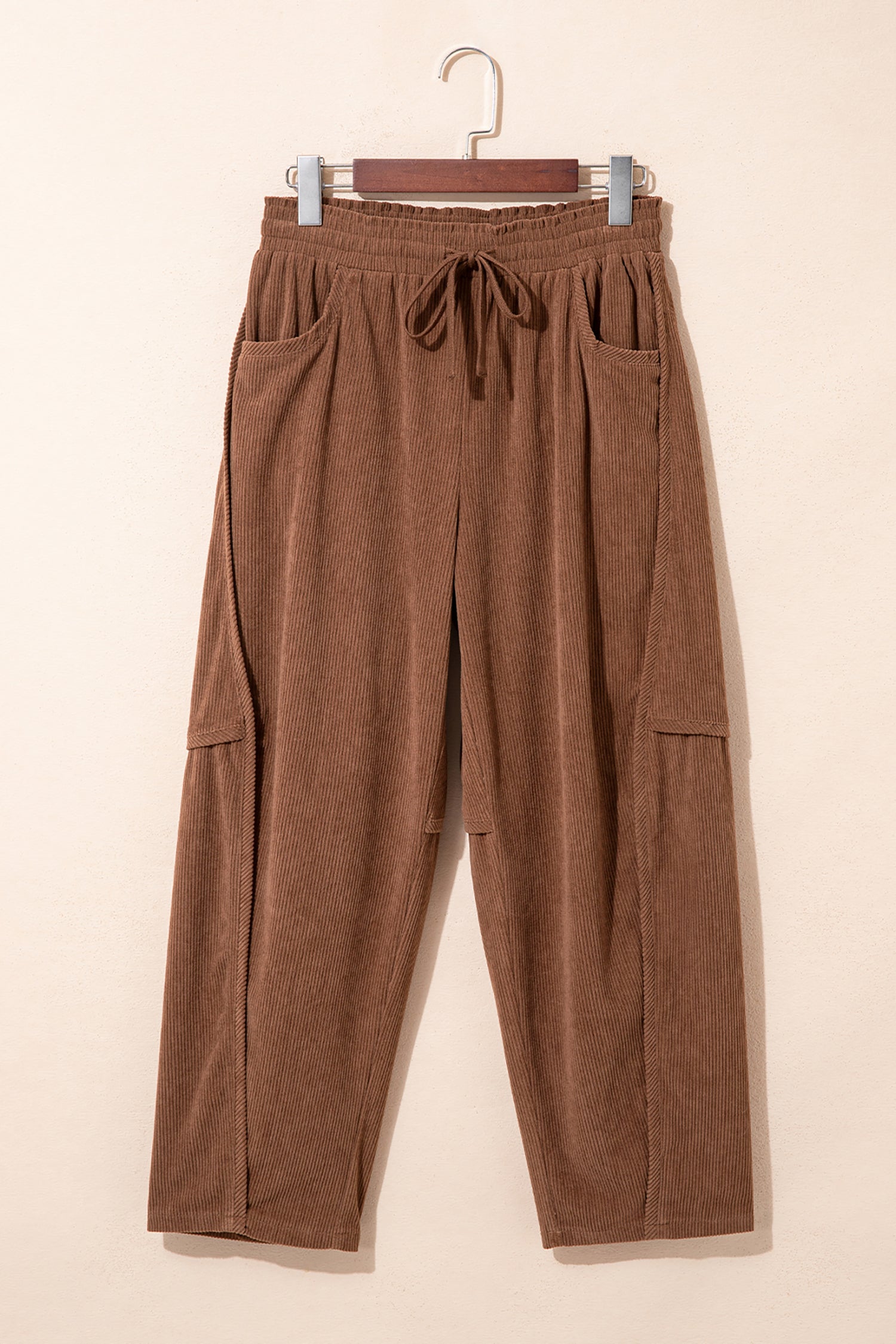 Coffee Corduroy Elastic Waist Drawstring Cargo Pants