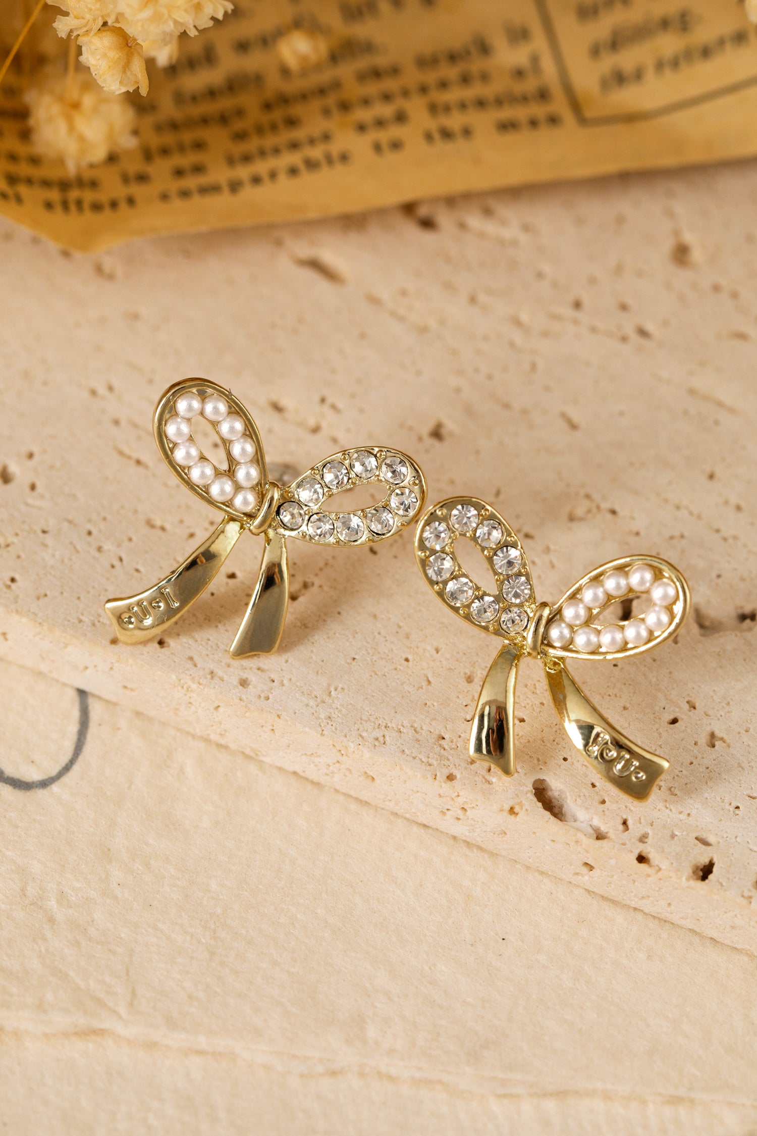 Gold Rhinestone Pearl Bow Earrings