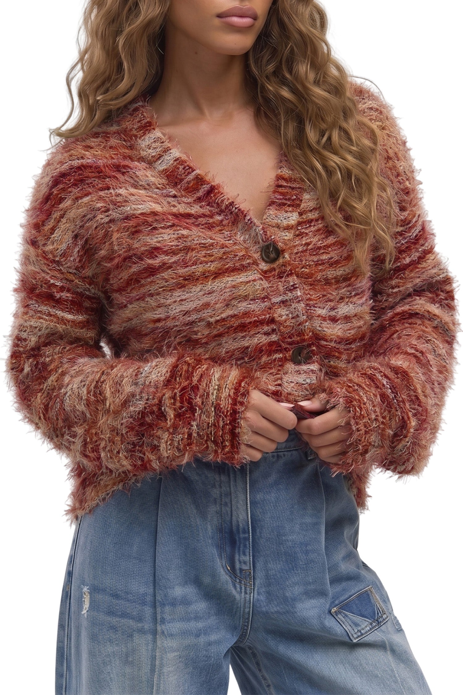 Tawny Fuzzy Striped Button Front Cardigan Sweater
