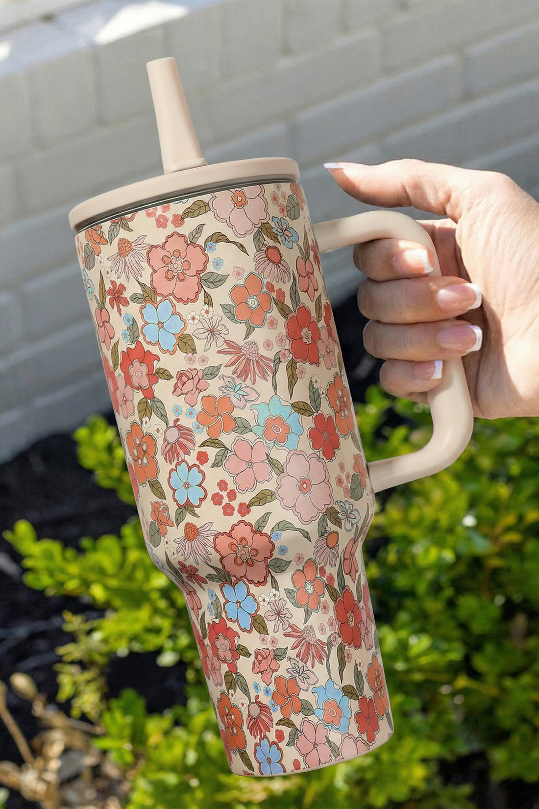 White Floral Print Flip Straw Single Handle Travel Cup