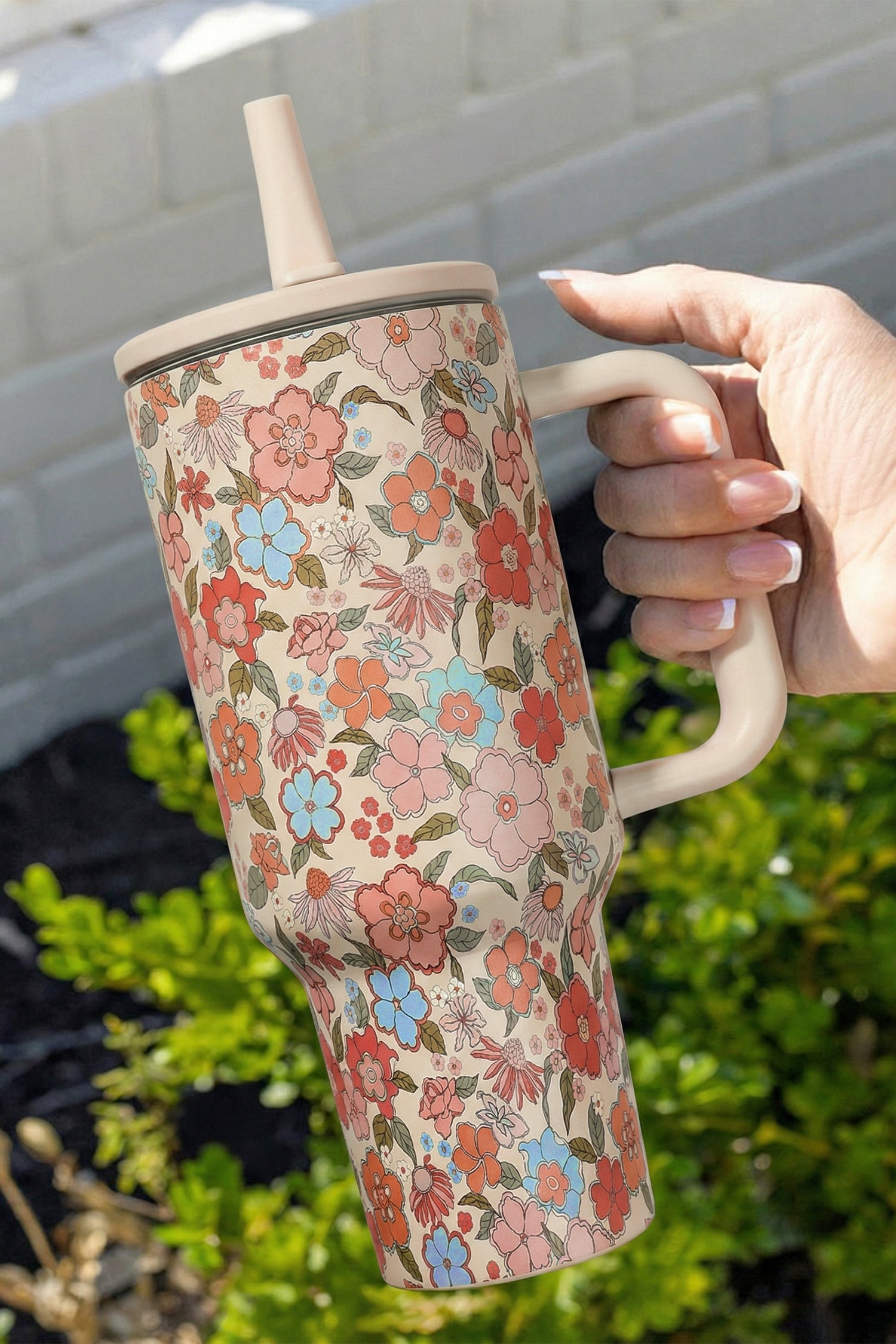 White Floral Print Flip Straw Single Handle Travel Cup