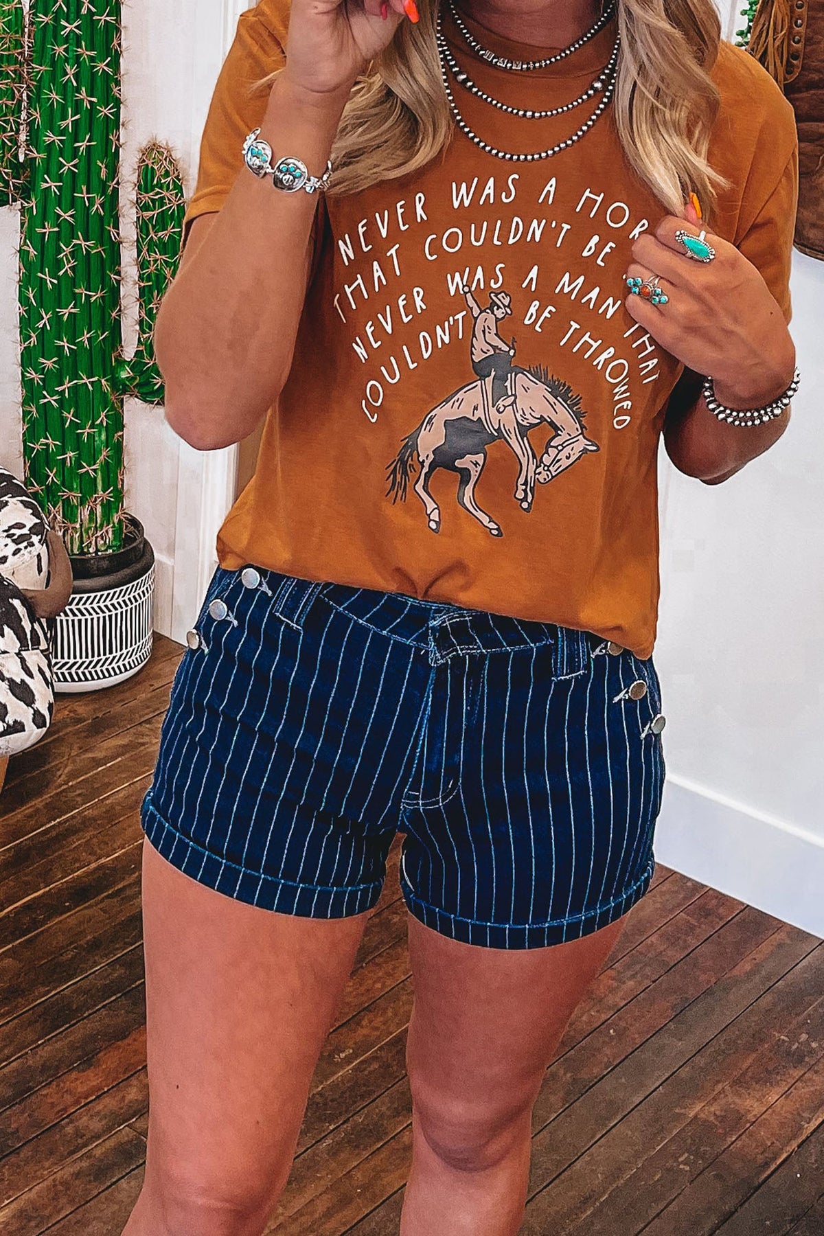 Blue Stripe Metal Button Detail Womens Denim Shorts