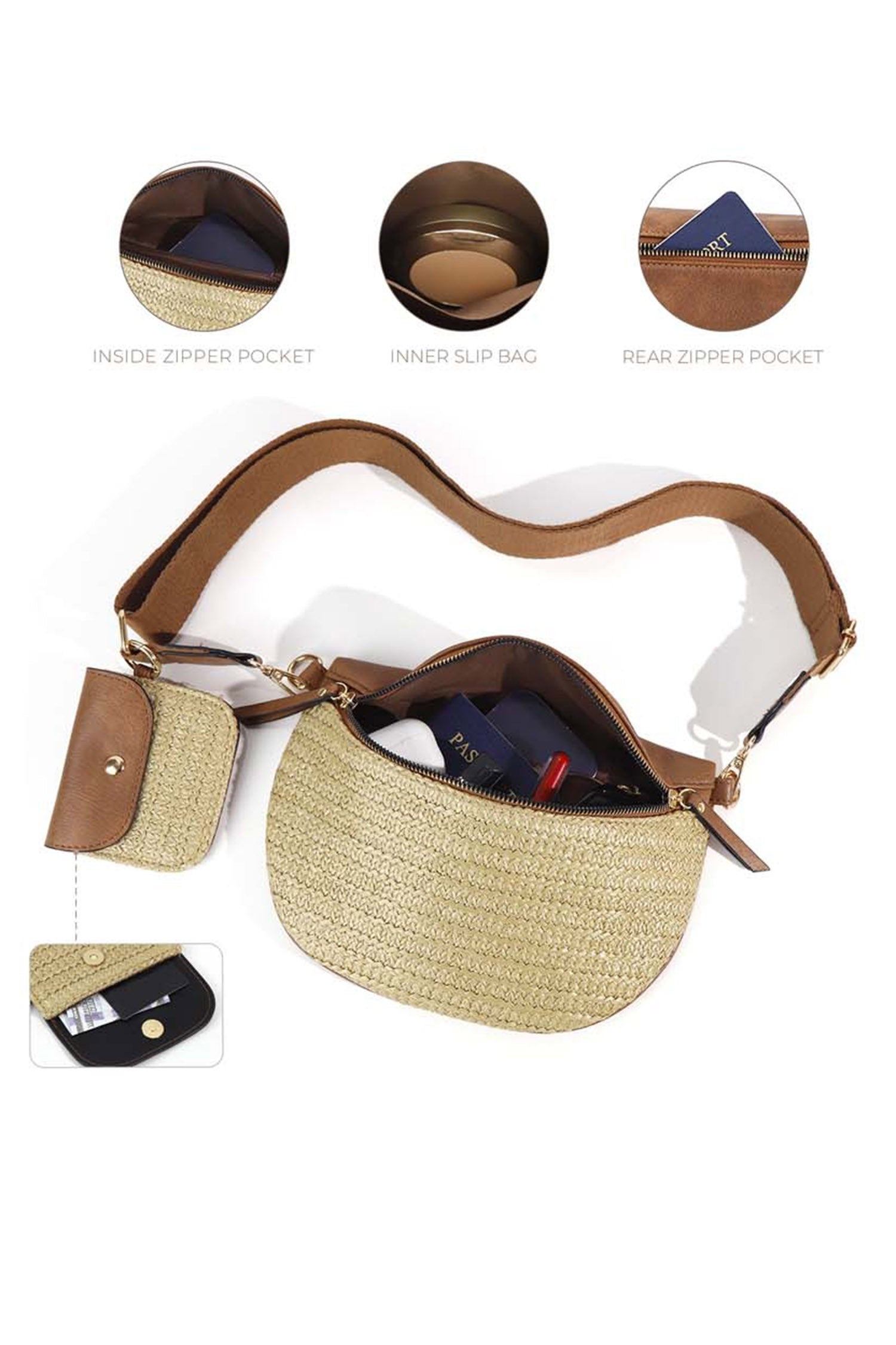 Camel PU Leather Straw Woven Patchwork Crossbody Bag with Pouch