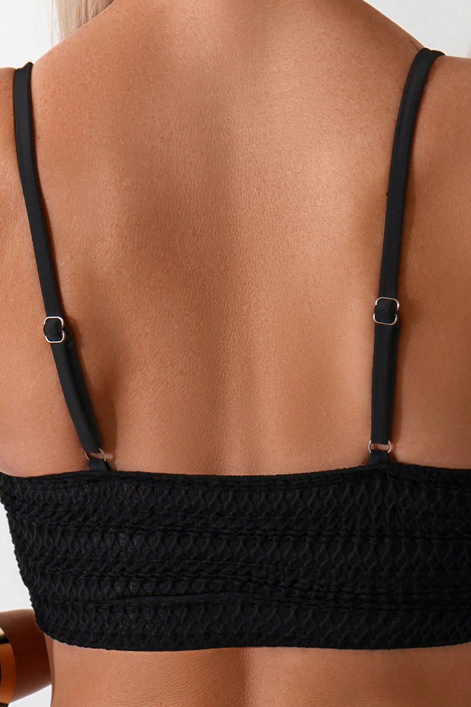 Black Solid Color Textured 2pcs High Waist Bikini Swimsuit