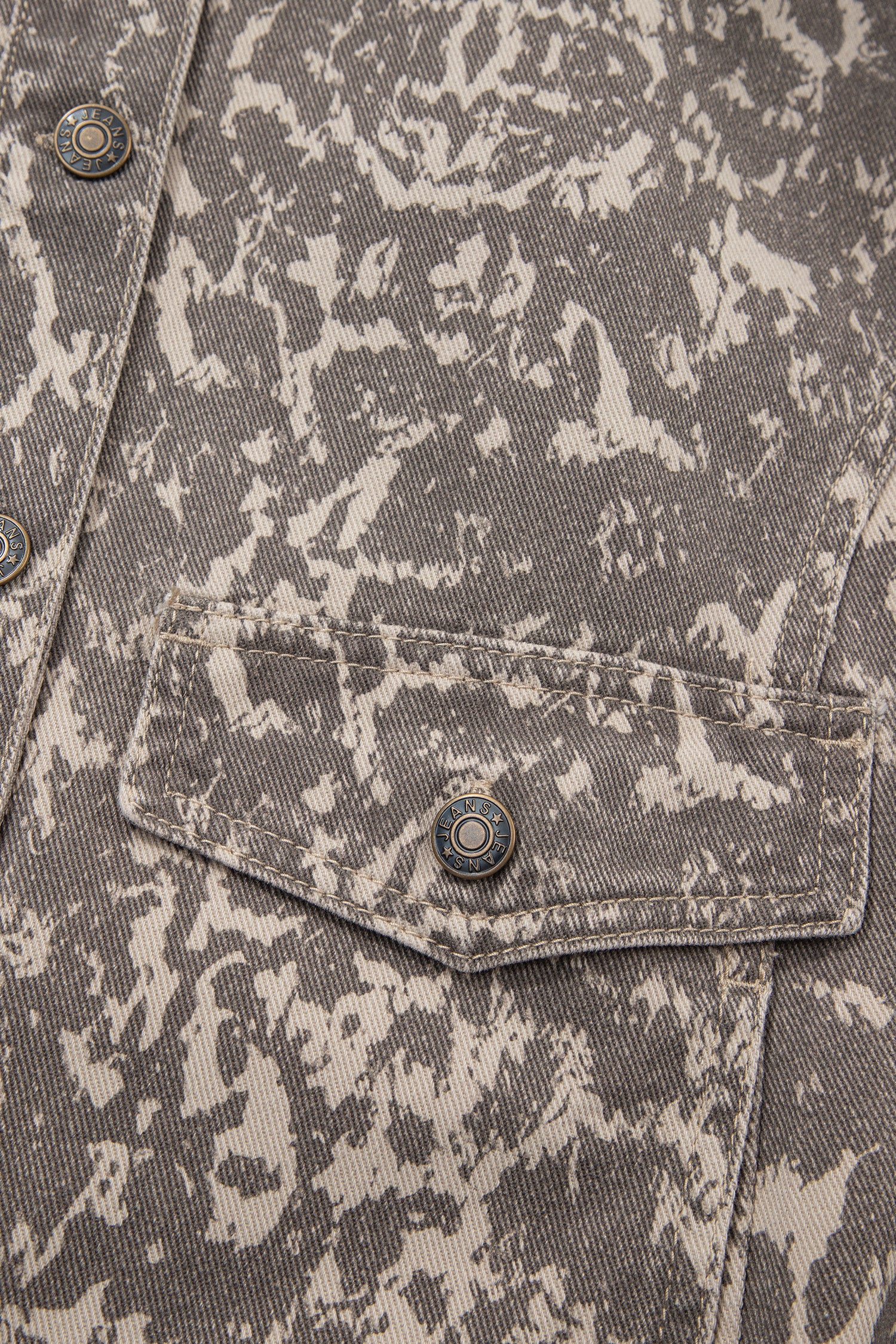 Khaki Abstract Print Long Sleeve Collar Raw Hem Denim Jacket