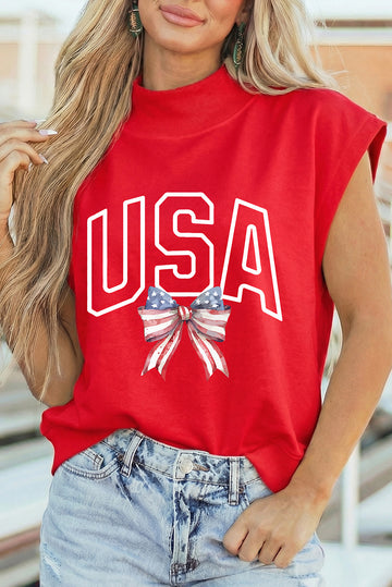 Racing Red USA Patriotic Bow Printed High Neck Cap Sleeve Top