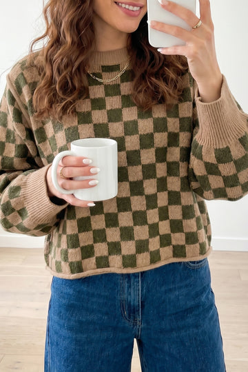Multicolour Drop Shoulder Plaid Knit Long Sleeve Sweater