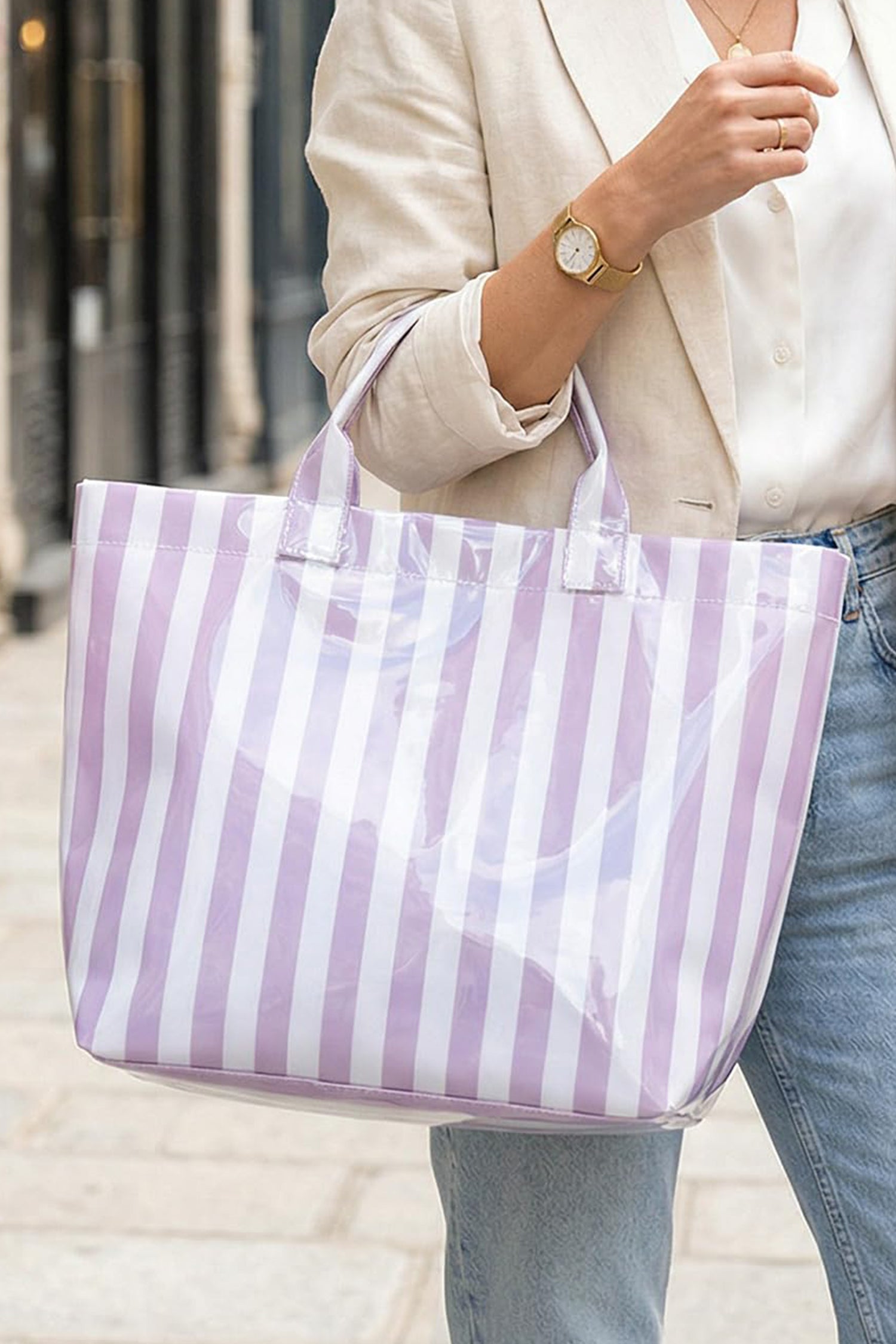 Wisteria Glossy Striped Vinyl Large Tote Bag