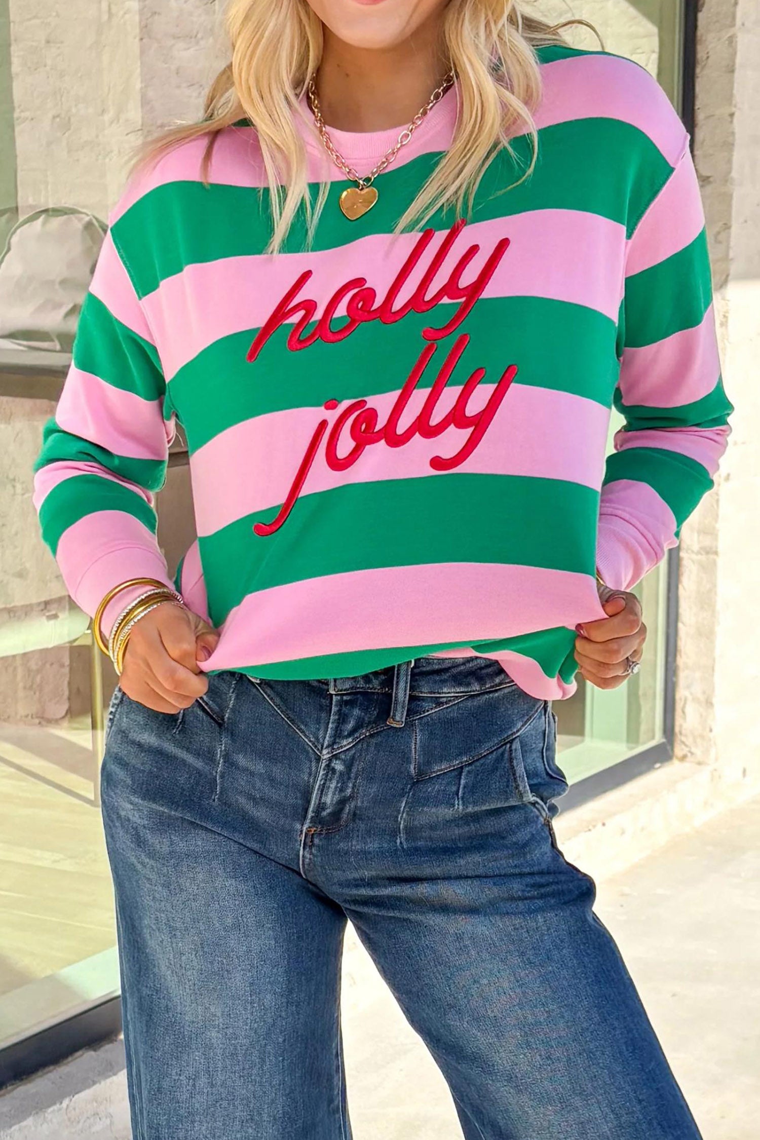 Green Stripe holly jolly Letter Embroidered Pullover Sweatshirt