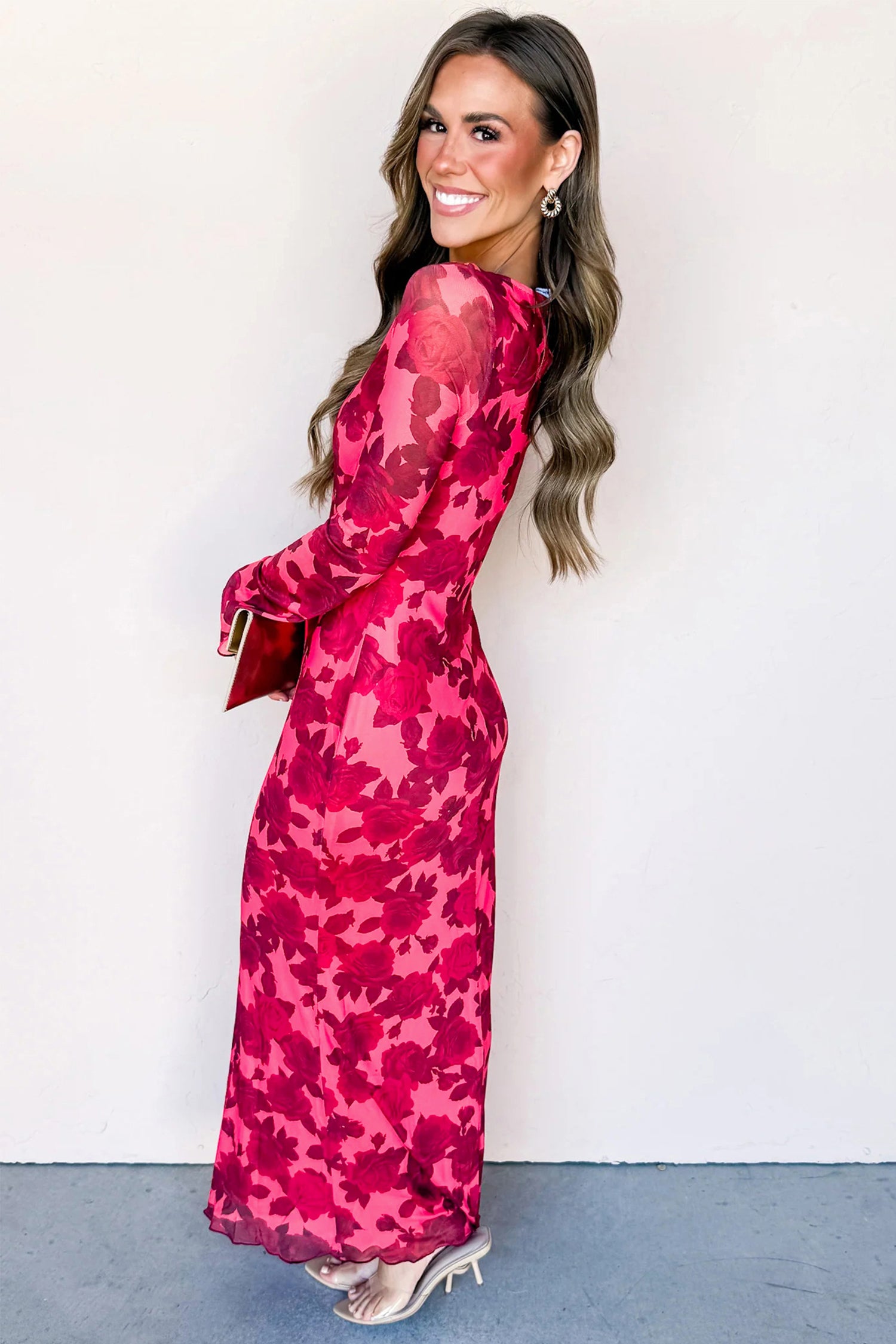 Red Floral Print Cuff Hem Serging Long Sleeve Sheath Dress
