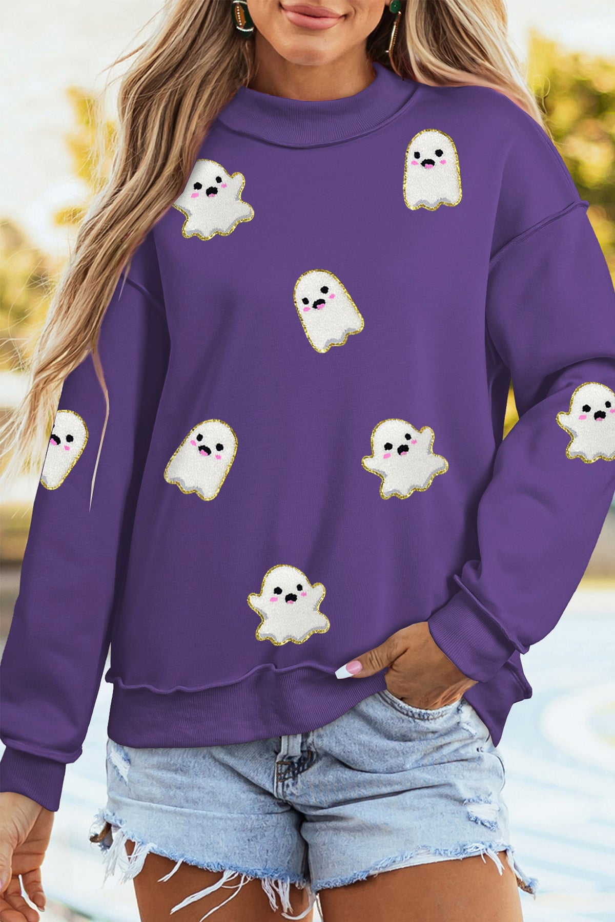 Tillandsia Purple Halloween Ghost Mock Neck Tunic Pullover Sweatshirt