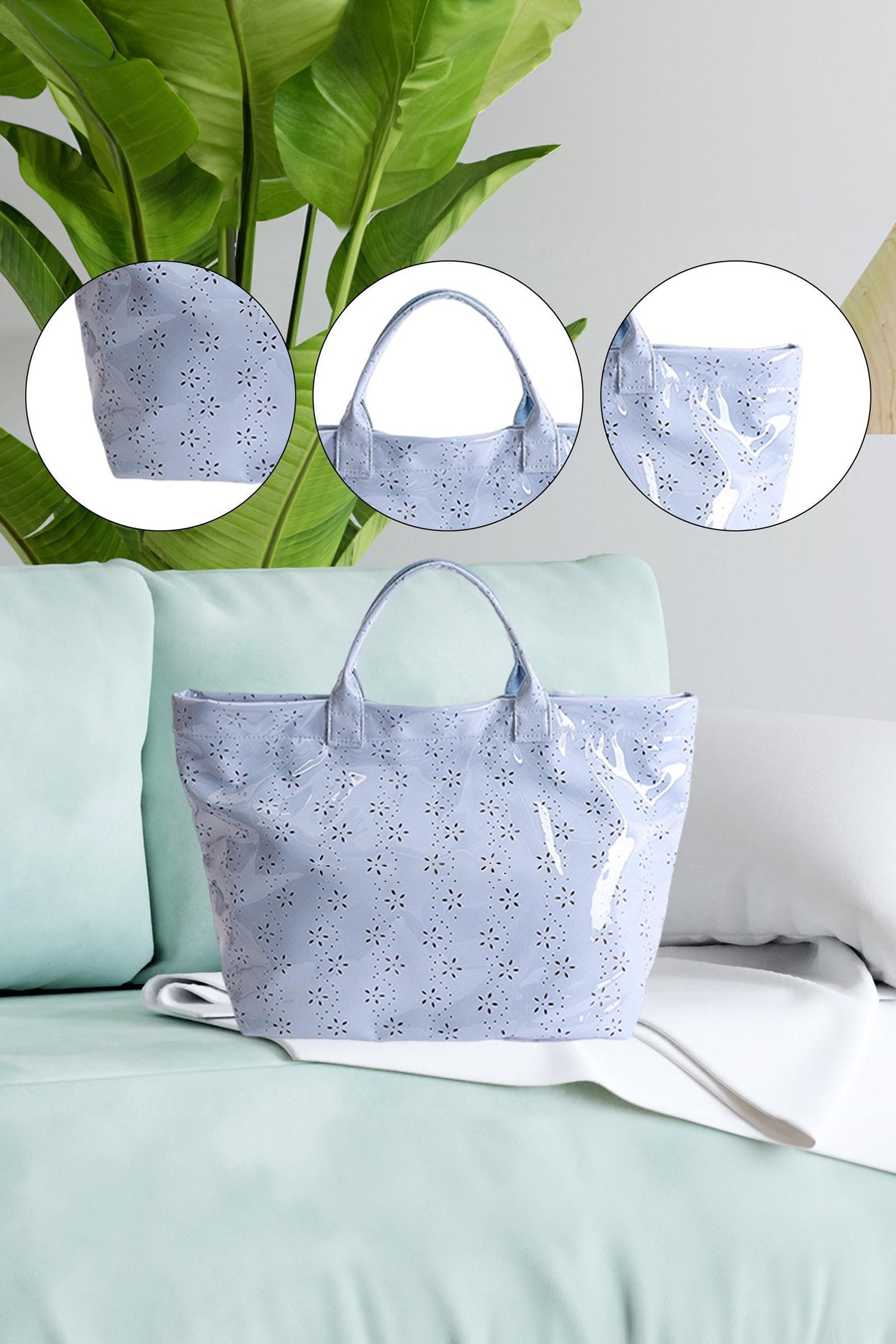Dusk Blue Eyelet Flower Pattern PVC Glossy Waterproof Tote Bag