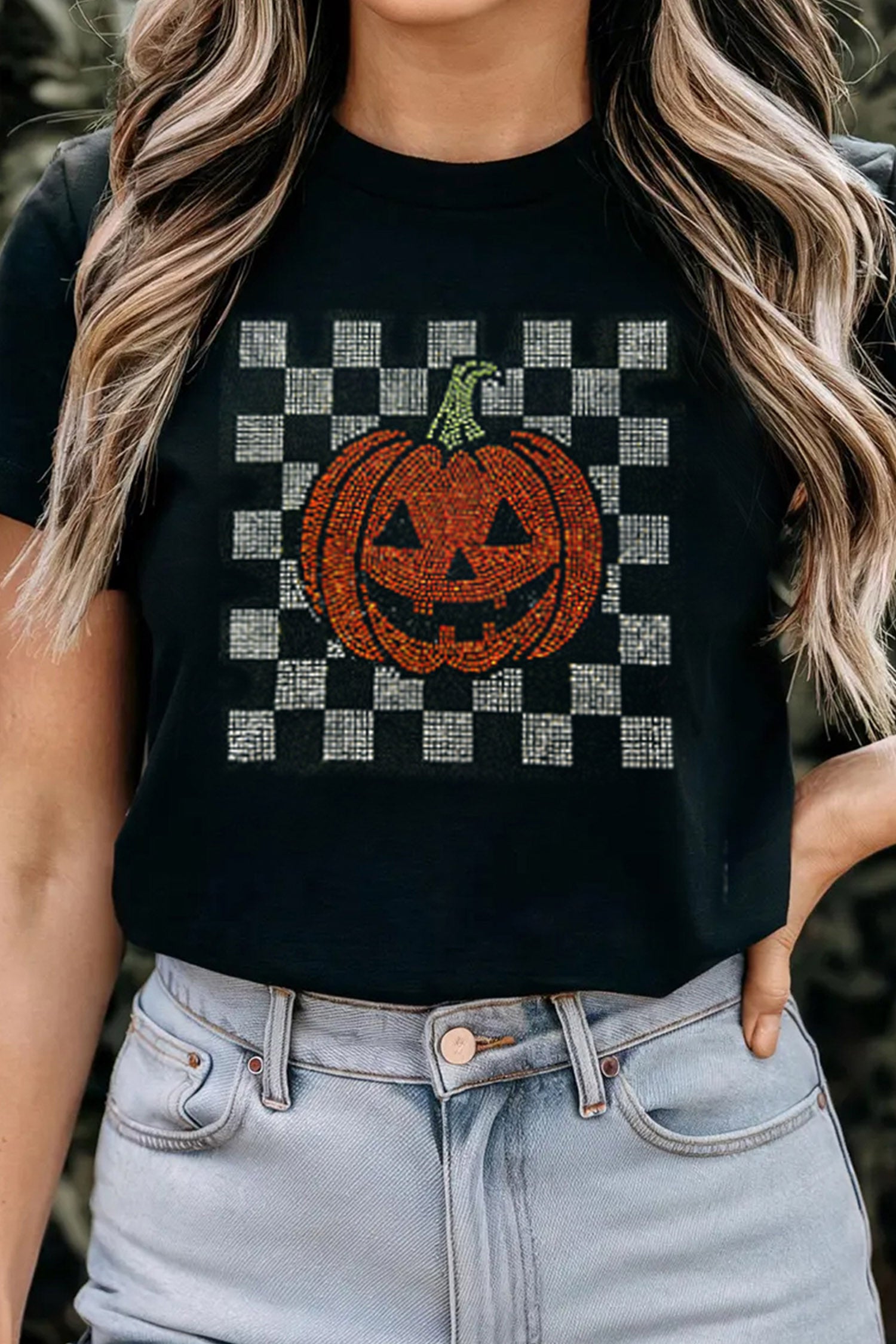Black Rhinestone Pumpkin Halloween Graphic T-Shirt