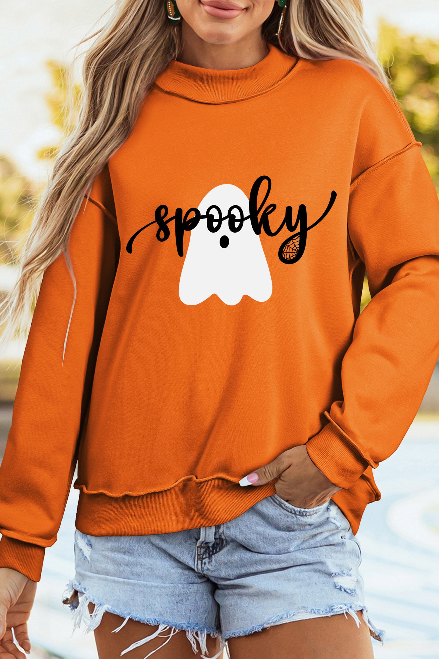 Carrot Spooky Ghost/ BOO Reversible Print Mock Neck Casual Pullover Sweatshirt