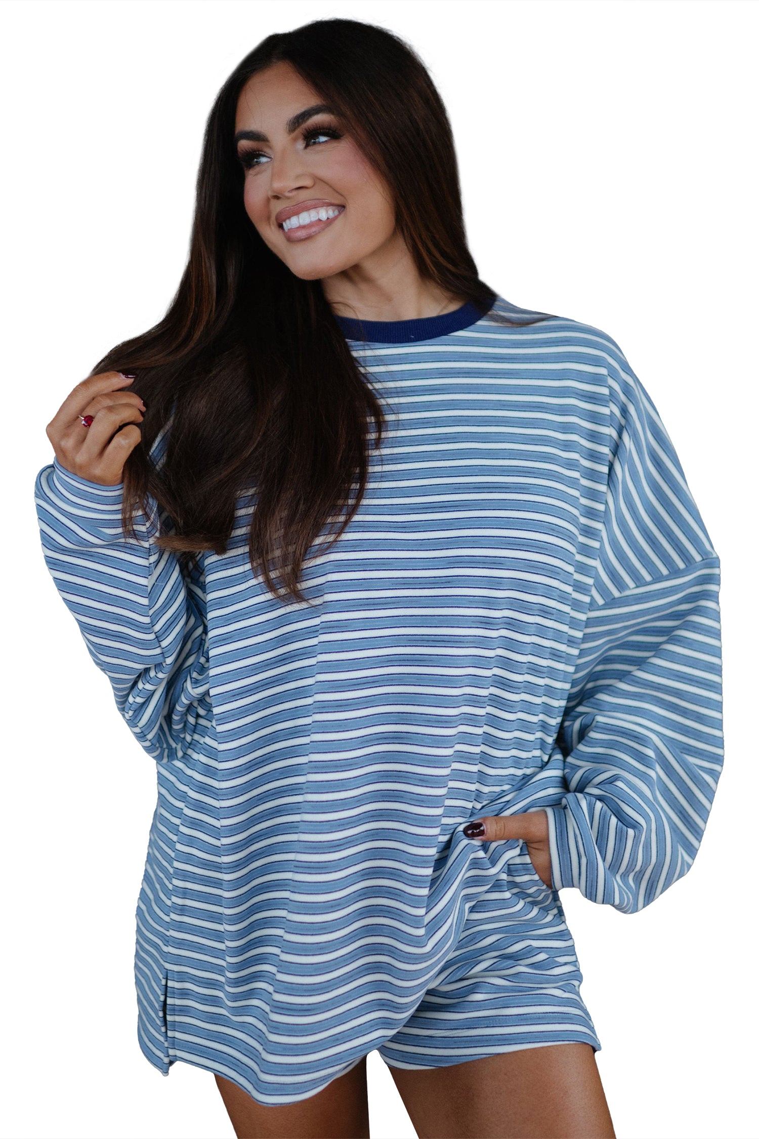 Sky Blue Stripe Long Sleeve Oversized Top Pocketed Casual Shorts Two Piece Set