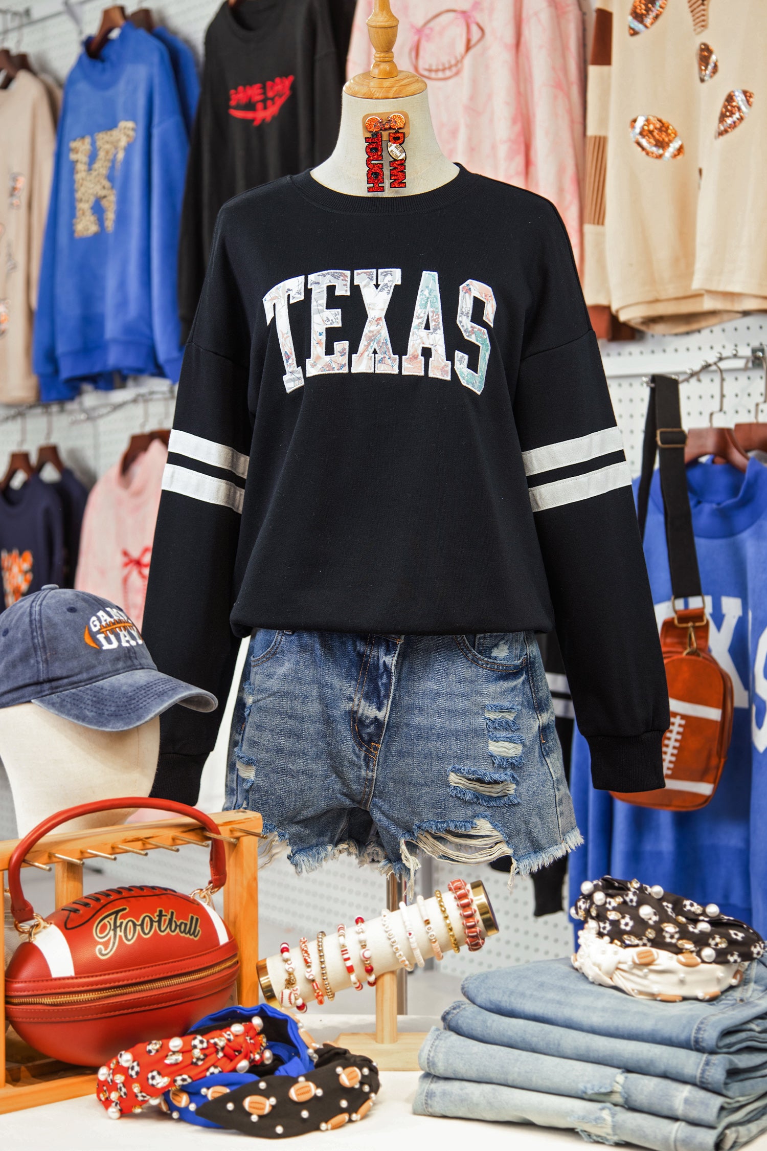 Black TEXAS Embroidered Trim Patched Graphic Oversized Varsity Sweatshirt