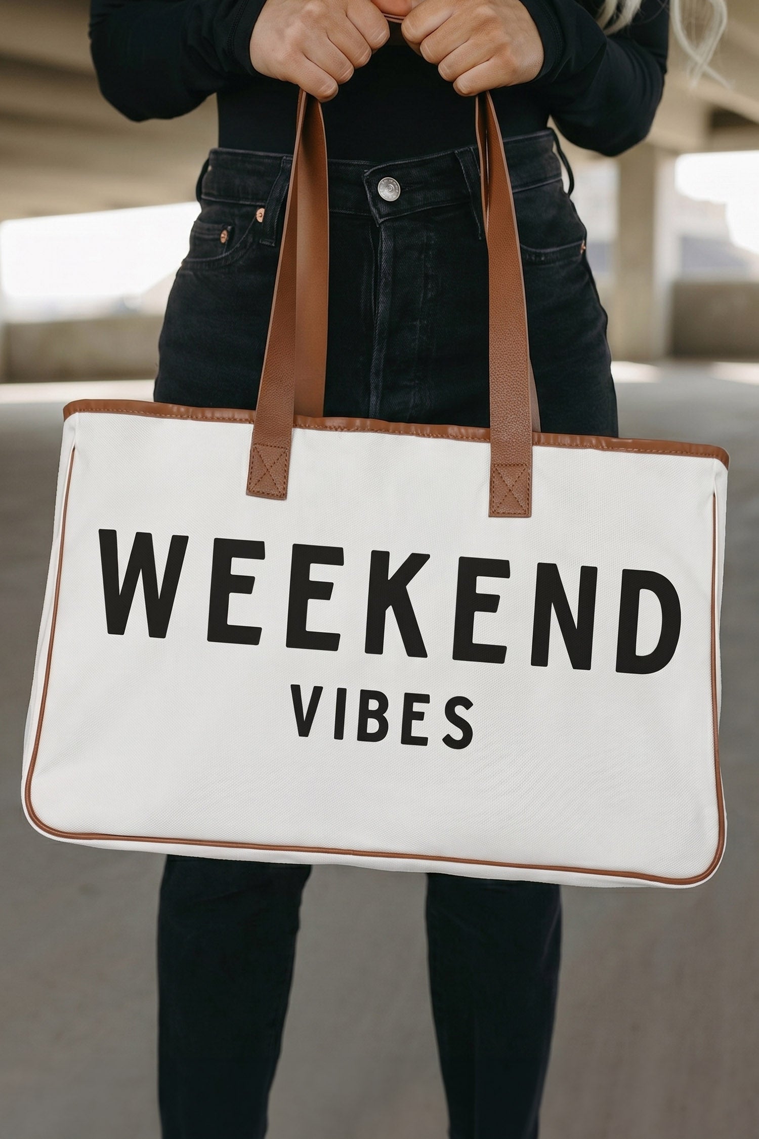 White Weekend Vibes Print Summer Travel Canvas Tote Bag