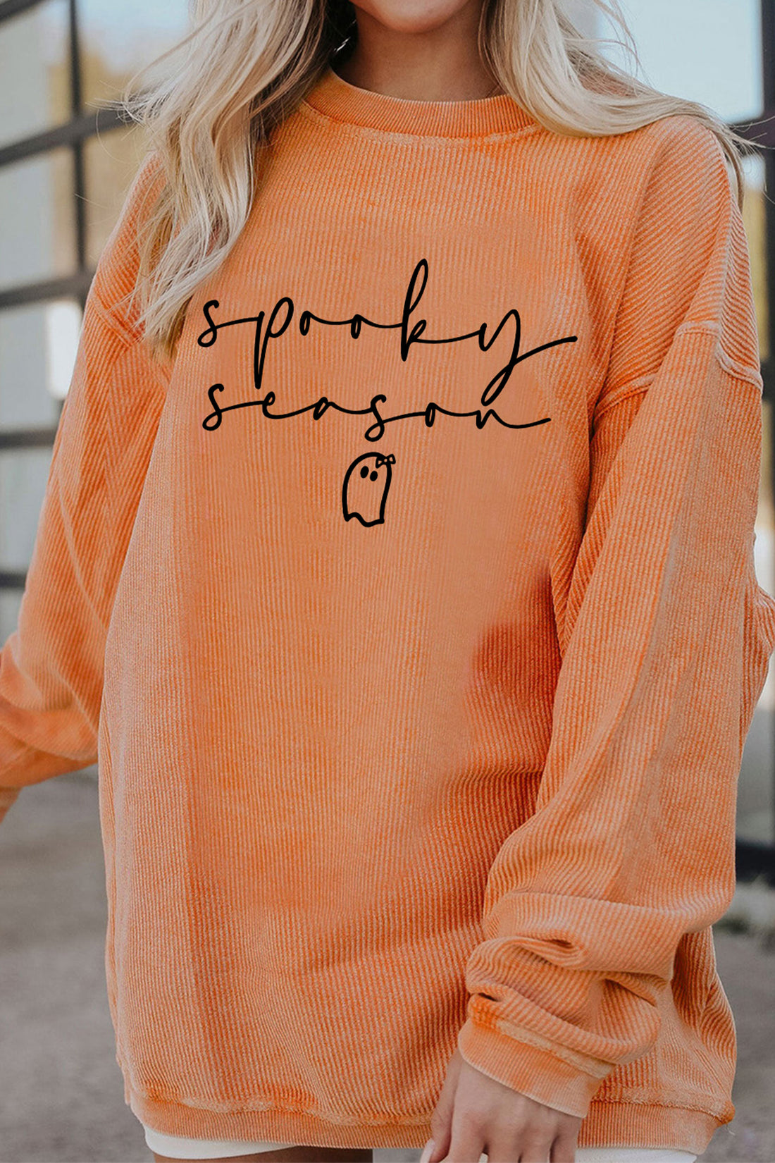Orange Spooky Season Ghost Letter Print Cozy Ribbed Pullover Sweatshirt