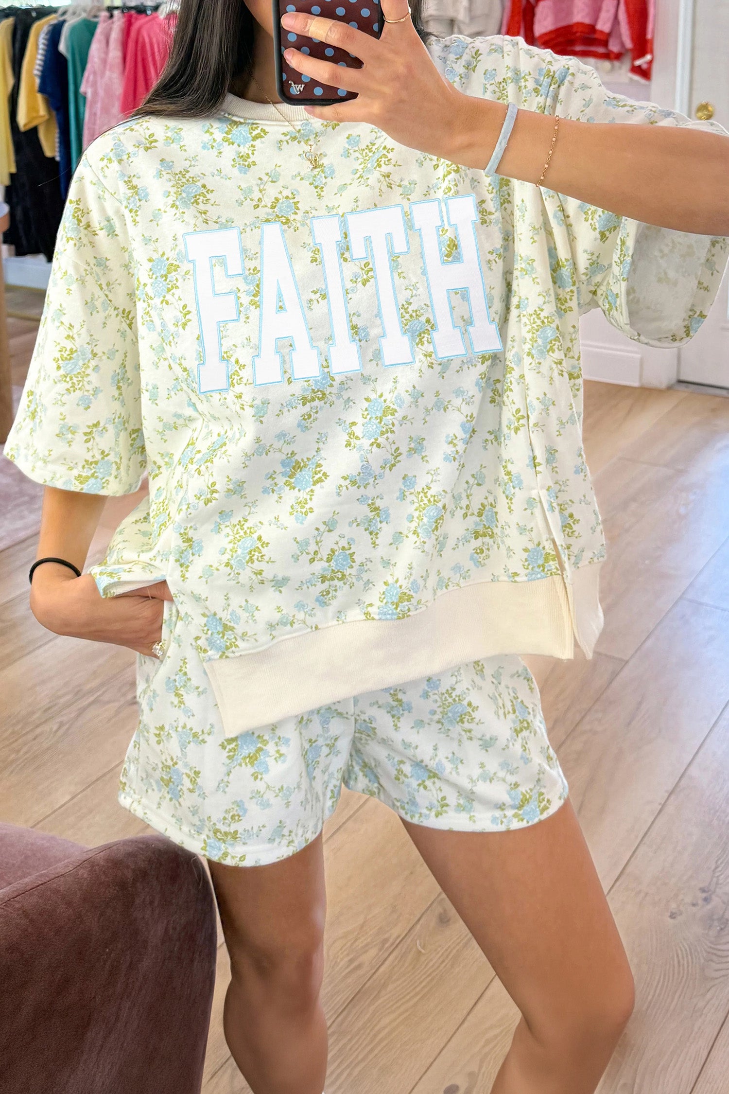 Sky Blue Floral Print FAITH Graphic Short Sleeve Top Loose Short Set