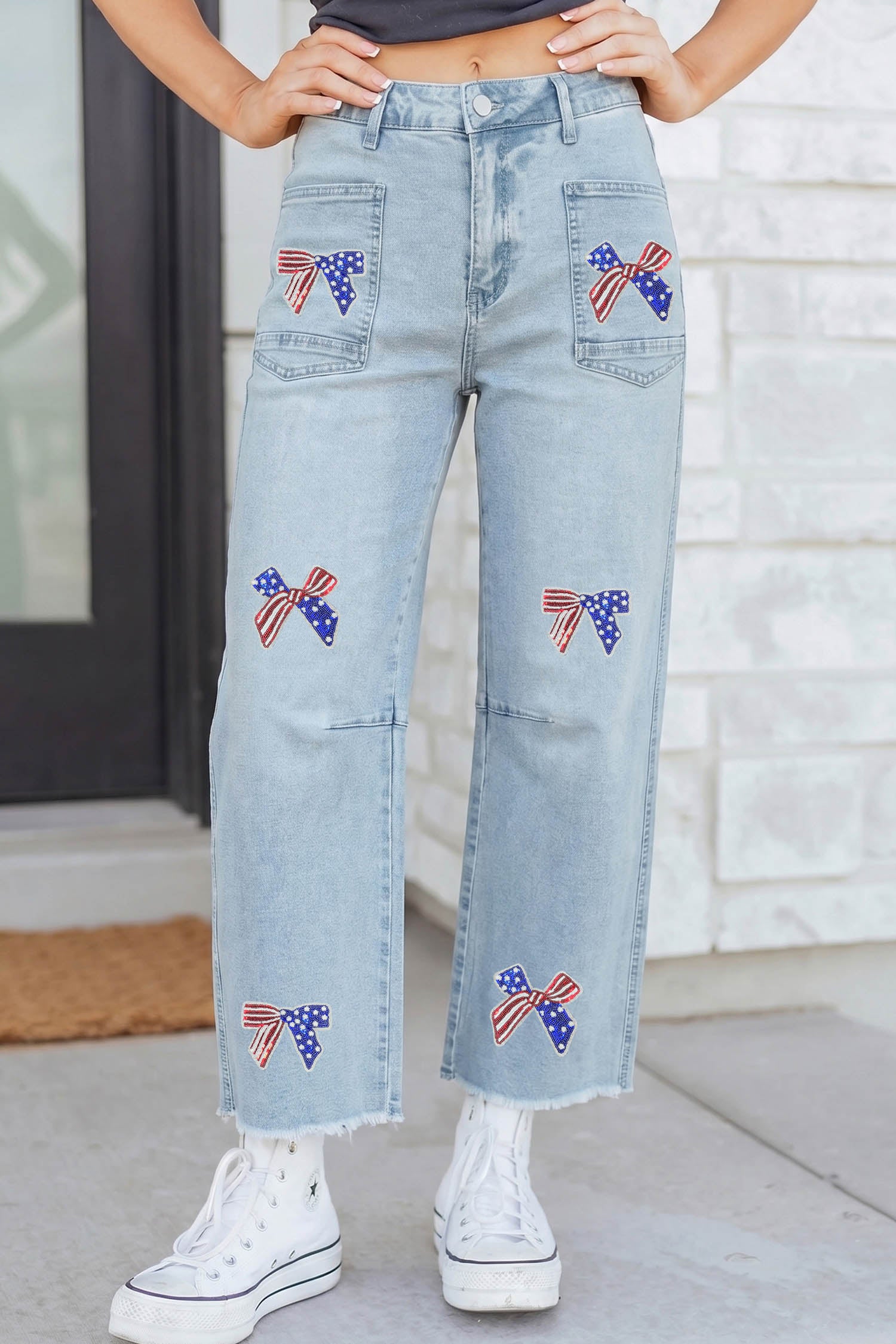 Beau Blue Patriotic Sequin Bow Patched Ankle-Length Shift Jeans