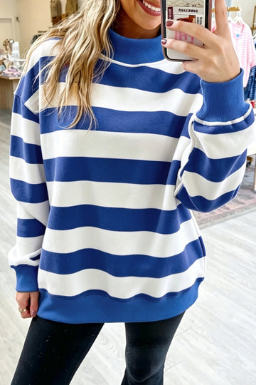 Blue Stripe Colorblock Mock Neck Relaxed Sweatshirt
