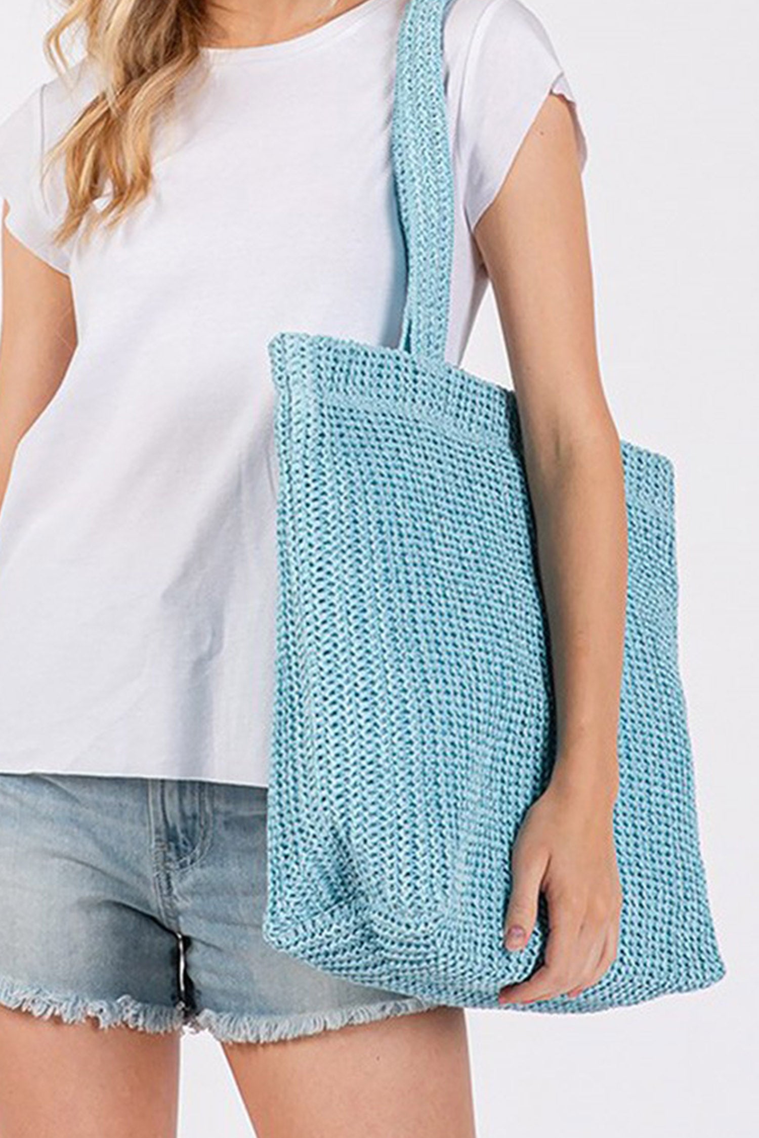 Light Blue Solid Color Straw Woven Summer Beach Tote Bag