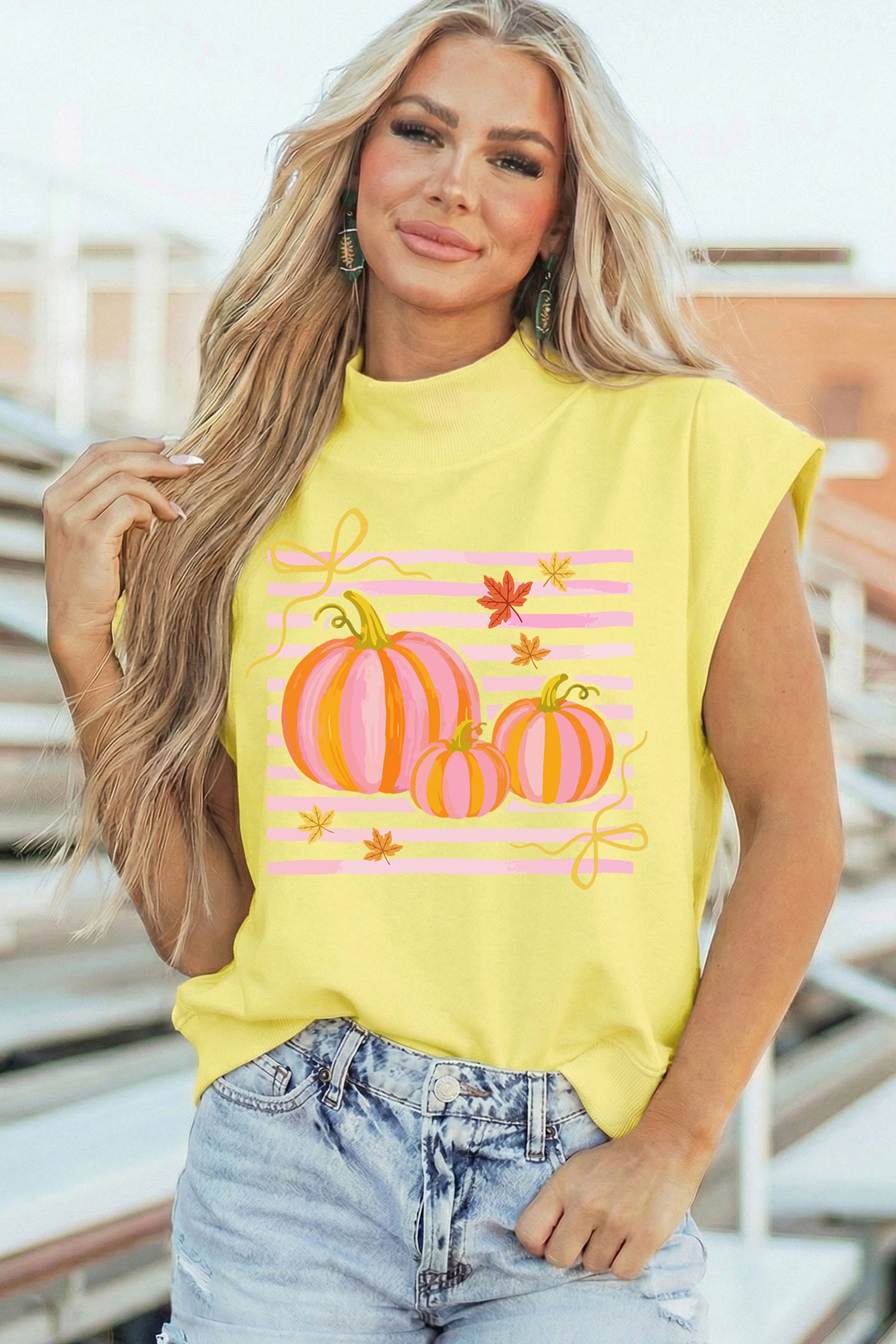 Yellow Pumpkin Striped Print High Neck Cap Sleeve Top
