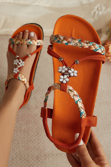 Orange Braided Floral Ankle Strap Open Toe Flat Beach Sandals