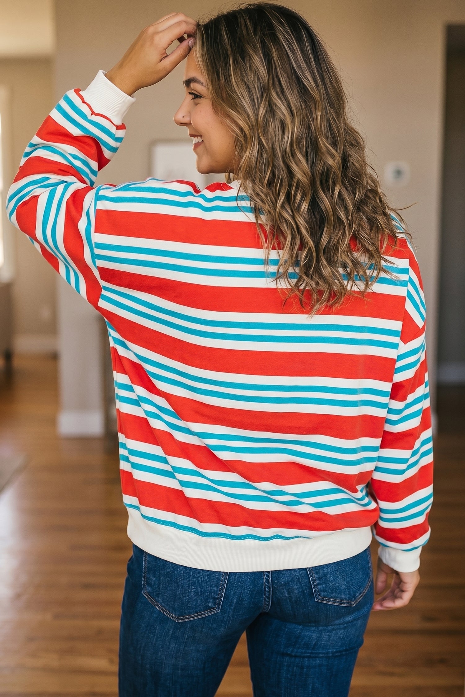 Red Stripe Striped Colorblock Long Sleeve Round Neck Tunic Plus Size Sweatshirt