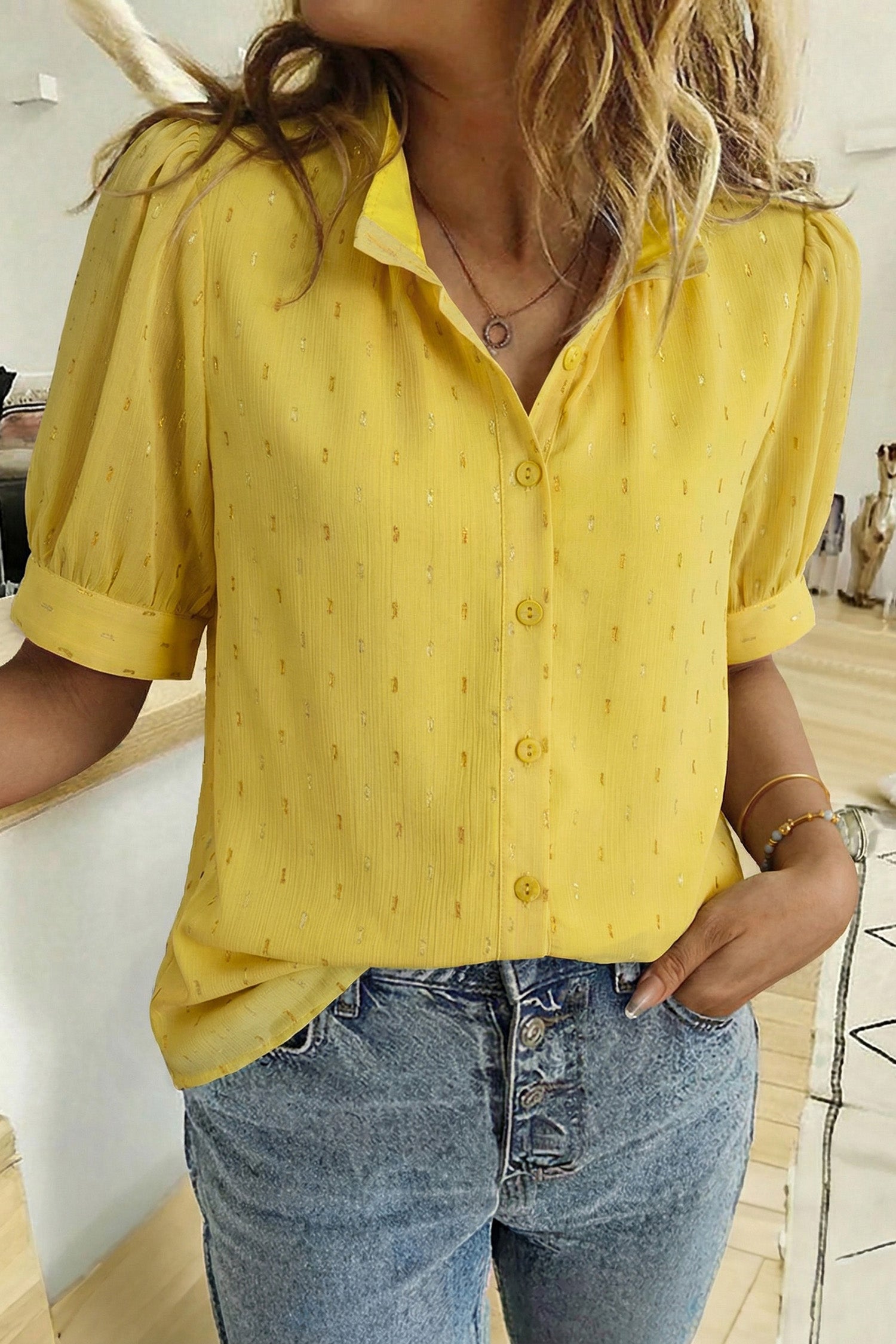 Yellow Cream Metallic Jacquard Short Sleeve Shirt