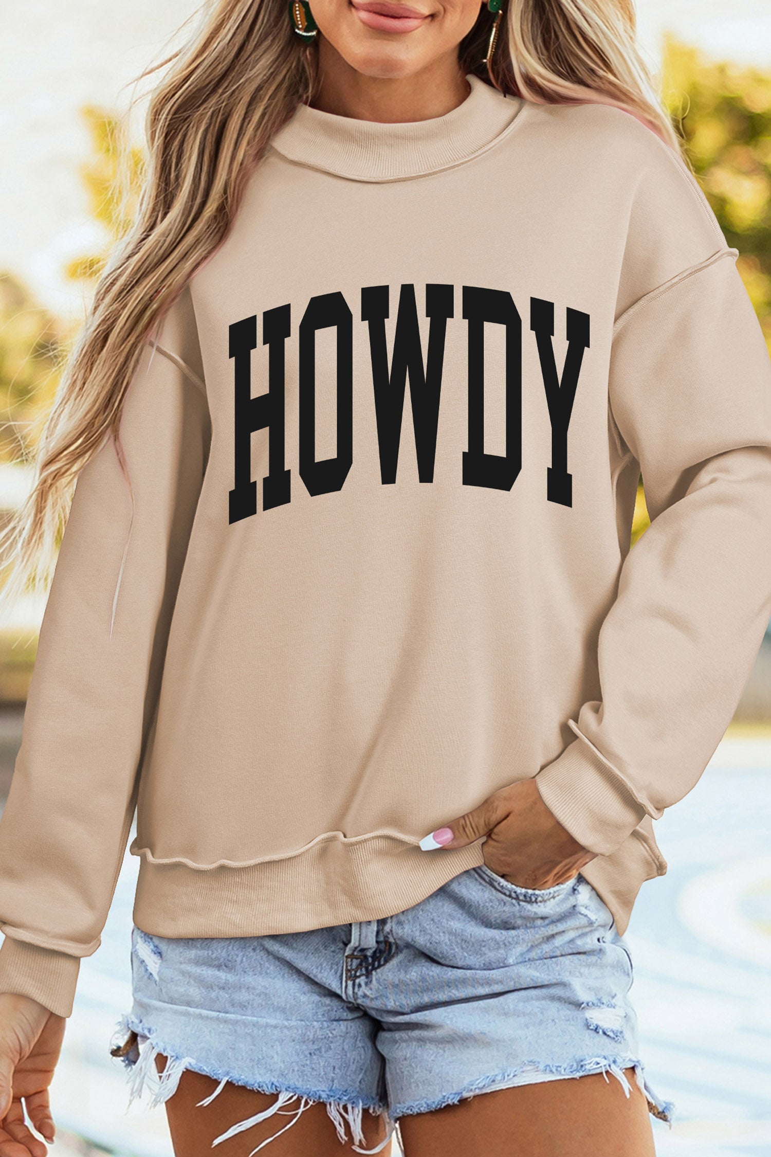 Apricot HOWDY/ YEEHAW Double Side Printed Mock Neck Western Reversible Sweatshirt
