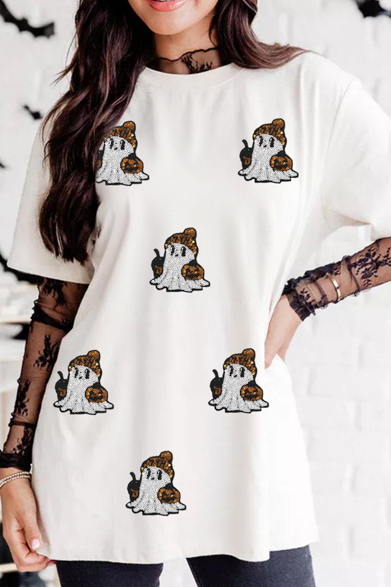 White Sequin Ghost Print Short Sleeve Casual Halloween Graphic T-Shirt
