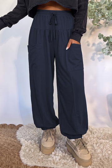 Dirty blue Elastic Waist Drawstring Wide Leg Full Length Pants